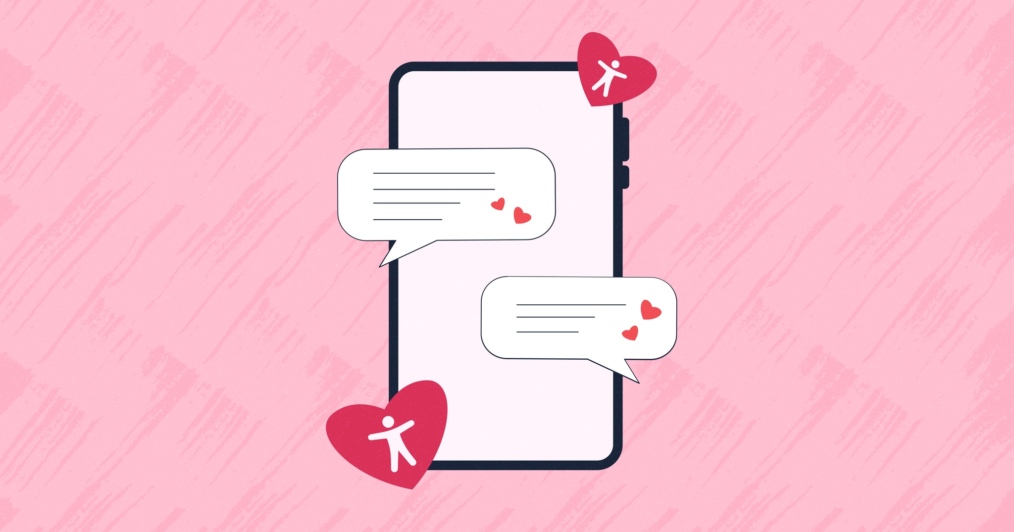 Smartphone illustration with chat bubbles and heart icons on a pink textured background, symbolizing communication and affection.