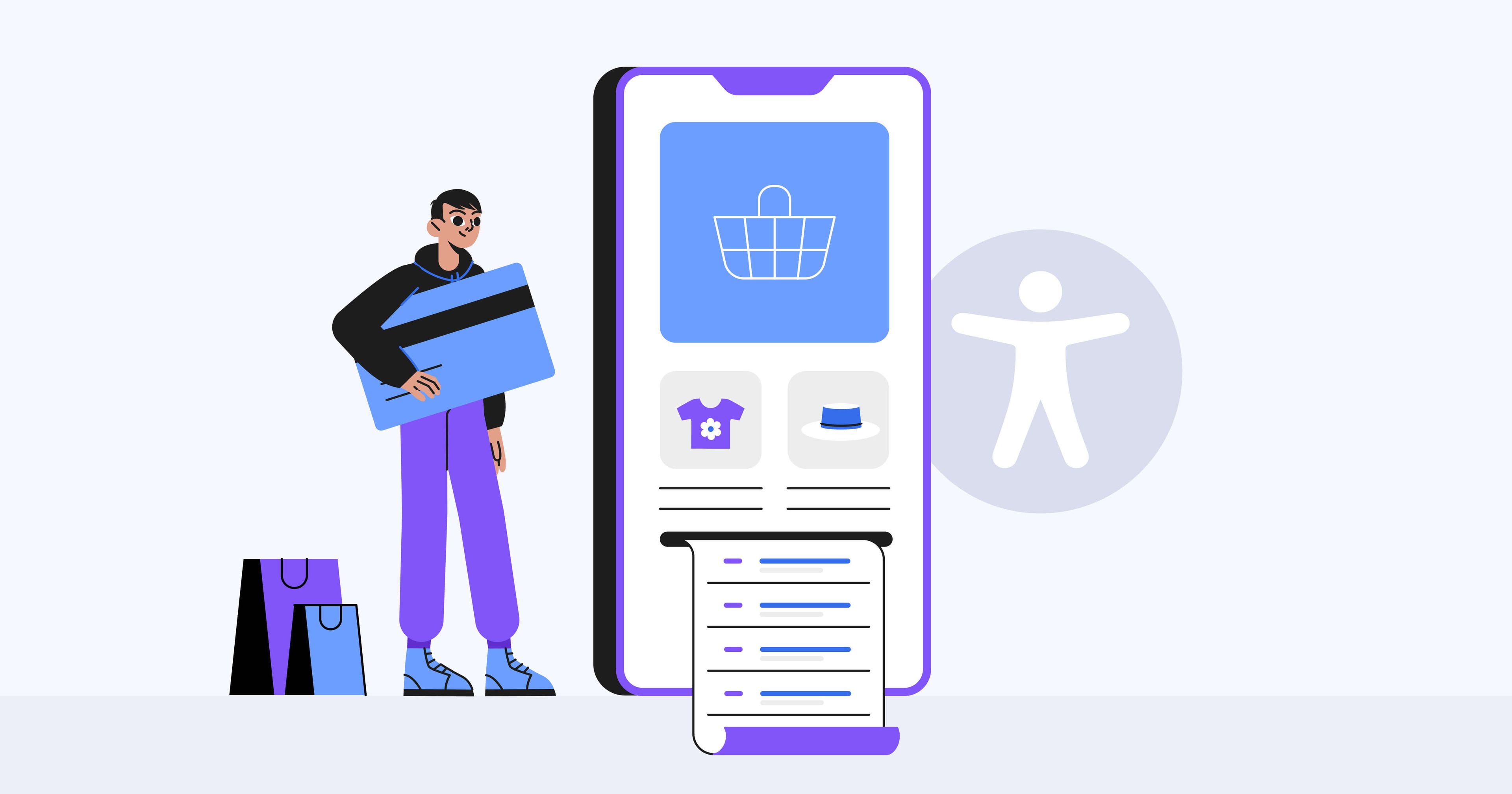 A person holding a credit card, standing by a large smartphone displaying a shopping app with bags nearby. The accessibility symbol is to the right of the phone.