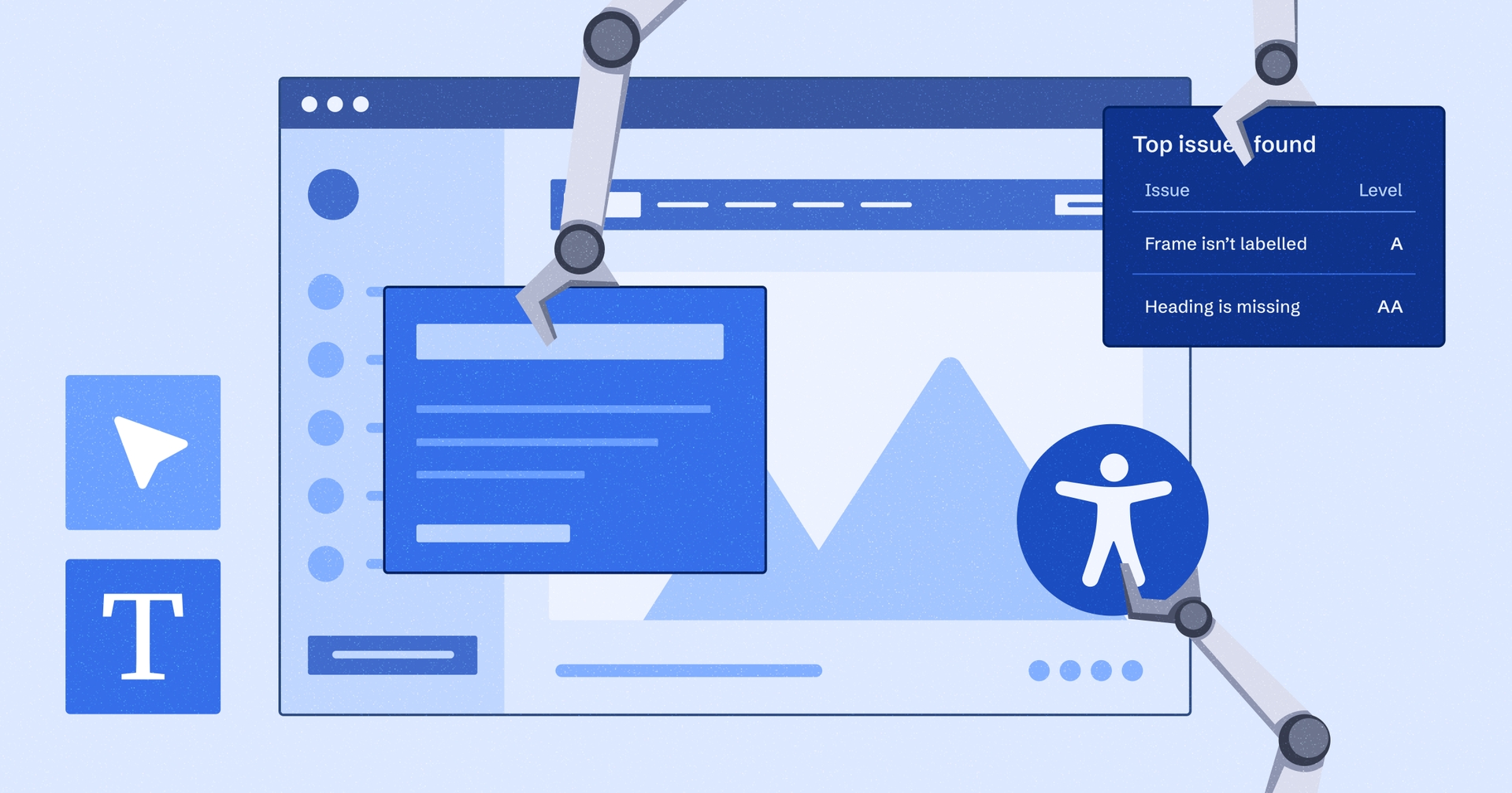 Stylized web browser with robotic arms moving various elements on the page. The accessibility symbol is in the bottom right-hand corner.