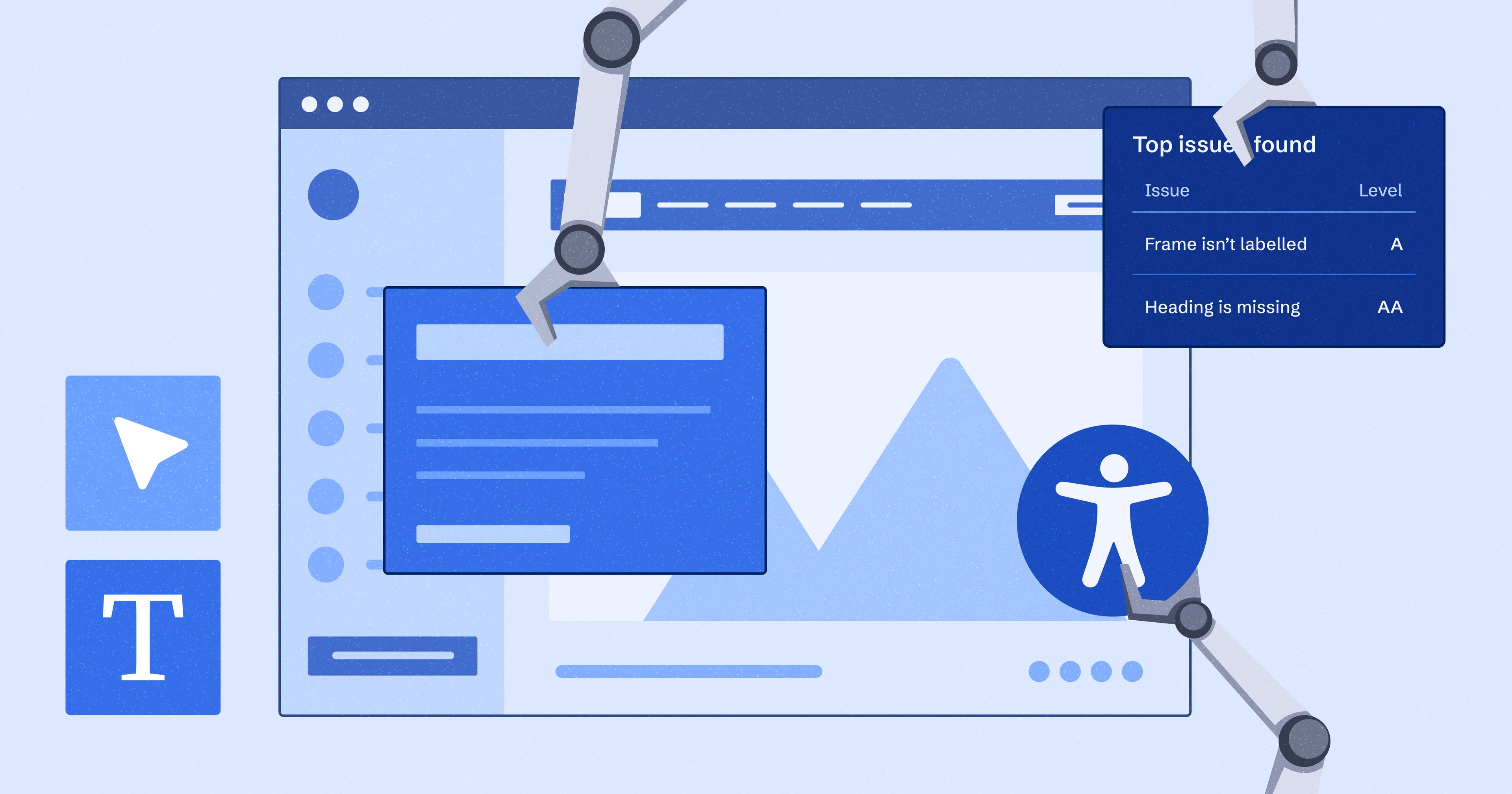 Stylized web browser with robotic arms moving various elements on the page. The accessibility symbol is in the bottom right-hand corner.