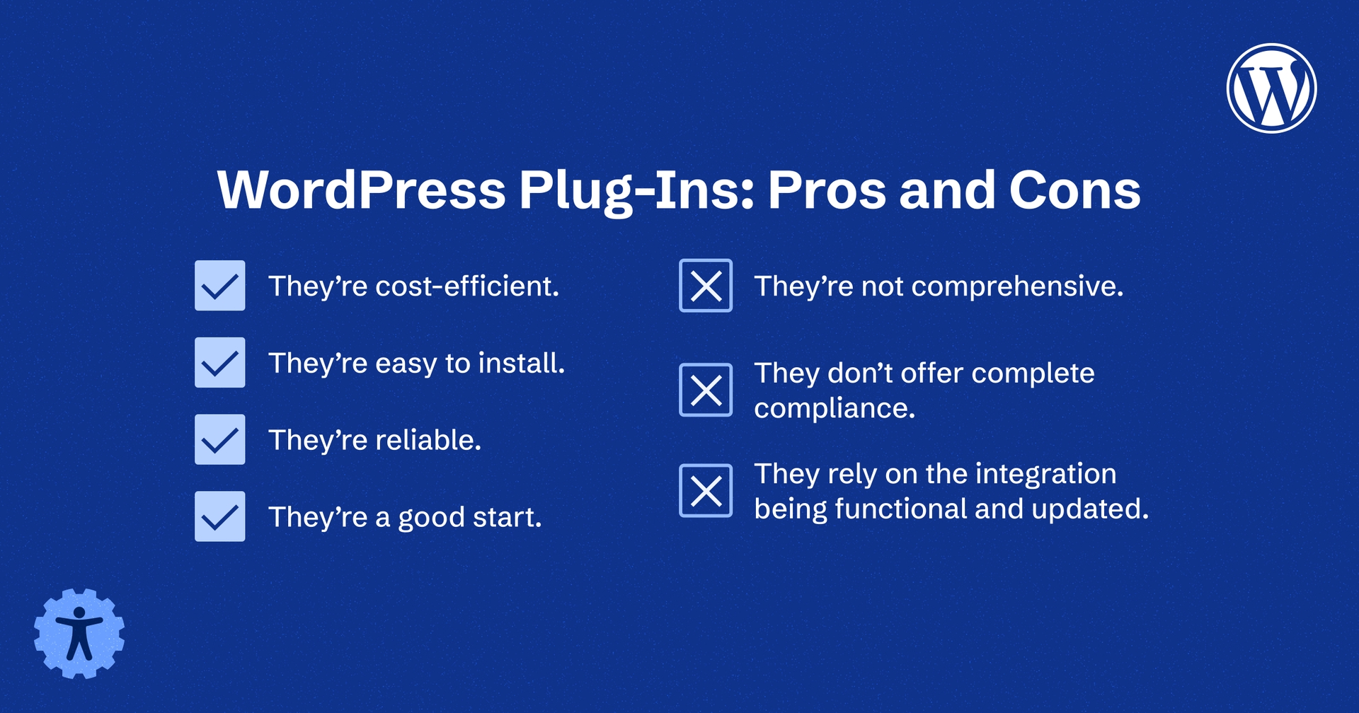 Bulleted list with the pros and cons of WordPress plugins.