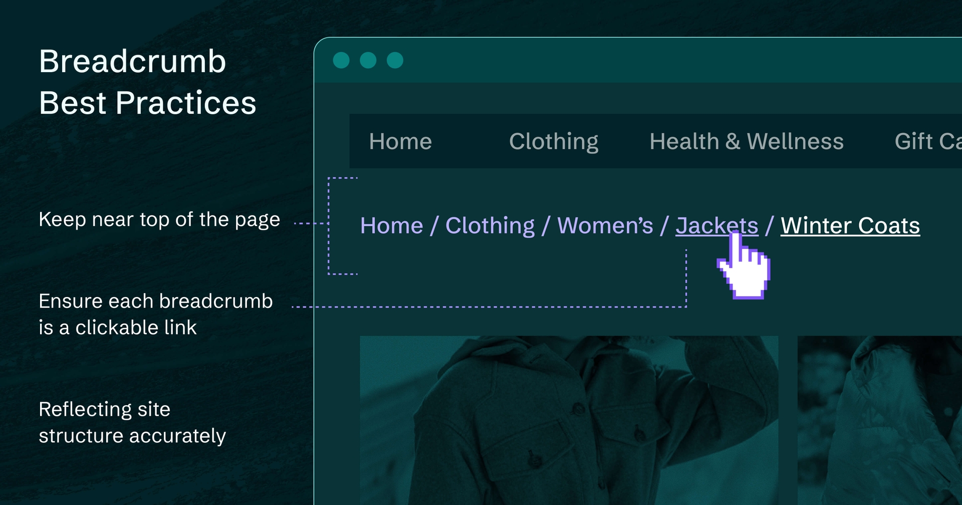 Ecommerce shop with breadcrumbs near the top of the page, with clickable links, that reflects site structure accurately