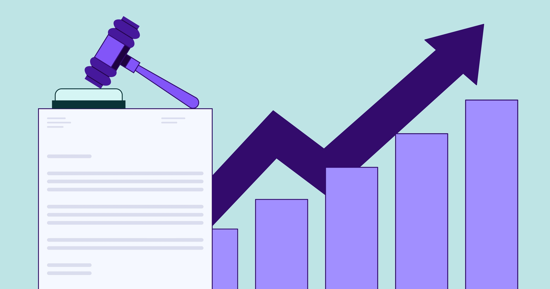 Stylized document with a gavel resting on a striking block on top next to an increasing bar graph.