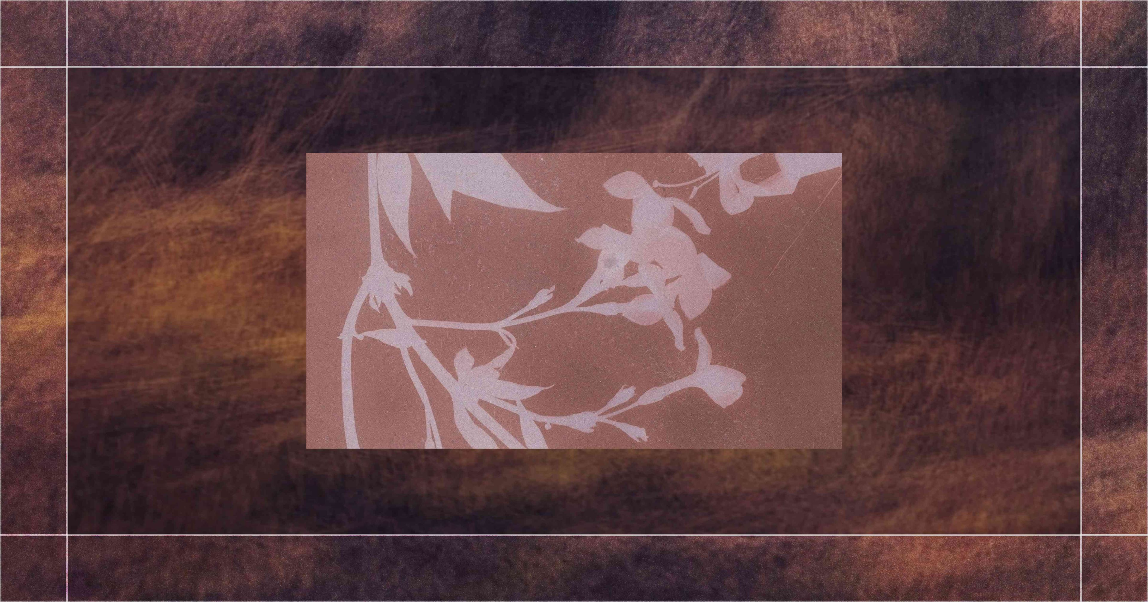 Abstract floral silhouette in pale pink on a textured brown background.