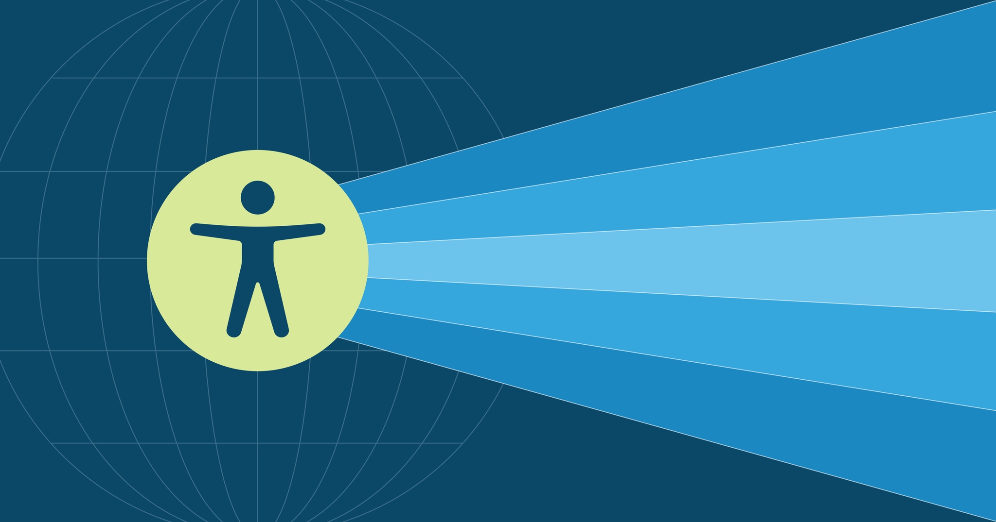 Accessibility icon on a green circle with radiating blue beams on a dark blue background.