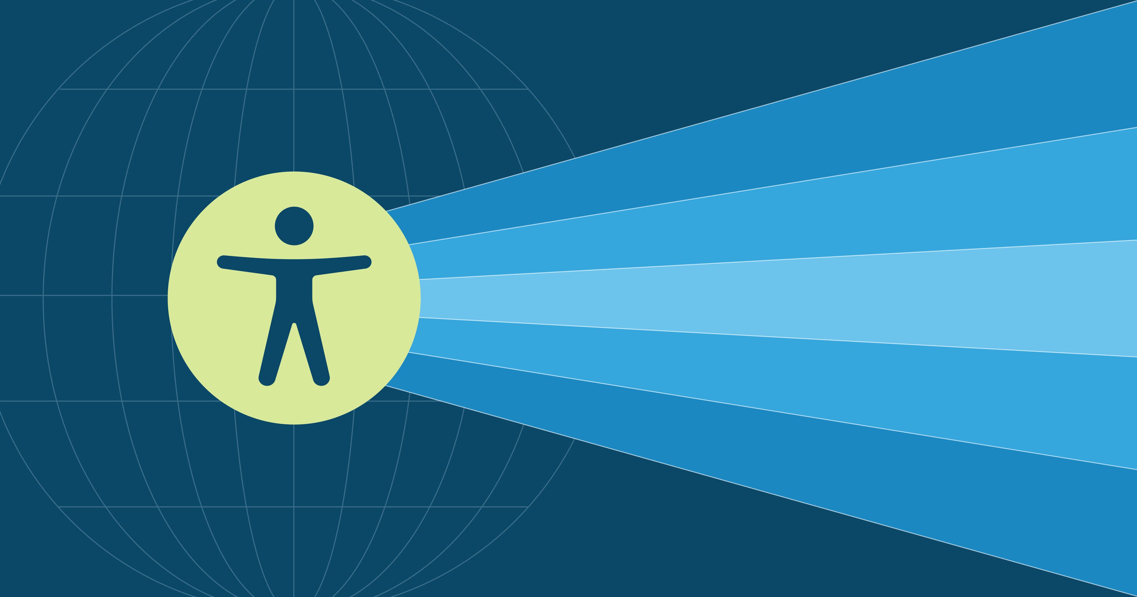 Accessibility icon on a green circle with radiating blue beams on a dark blue background.