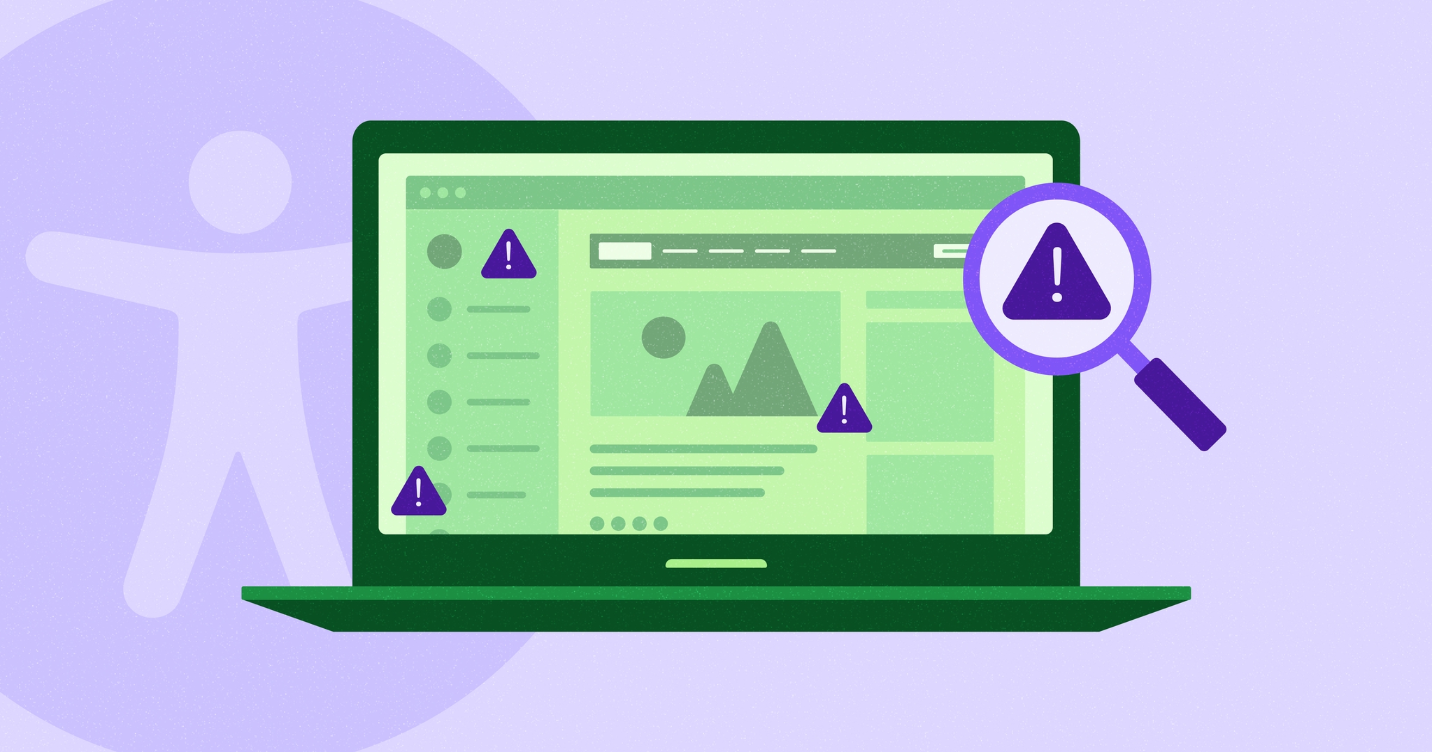Stylized laptop screen with various error messages on the screen next to the accessibility symbol; a magnifying glass is over one of the accessibility errors.