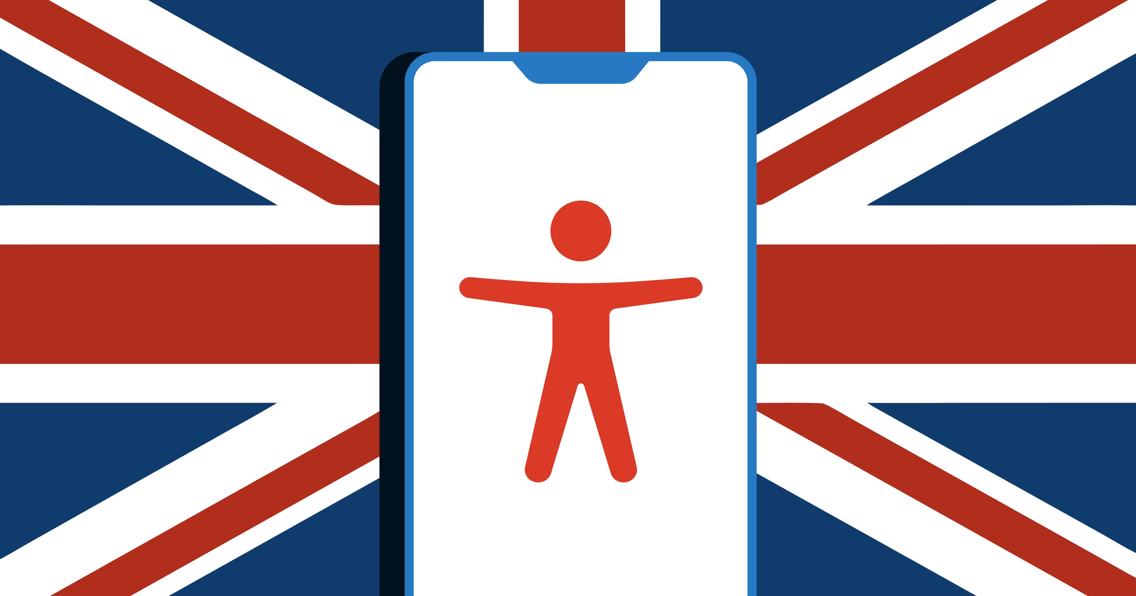 A mobile phone showing the accessibility symbol against the British flag.