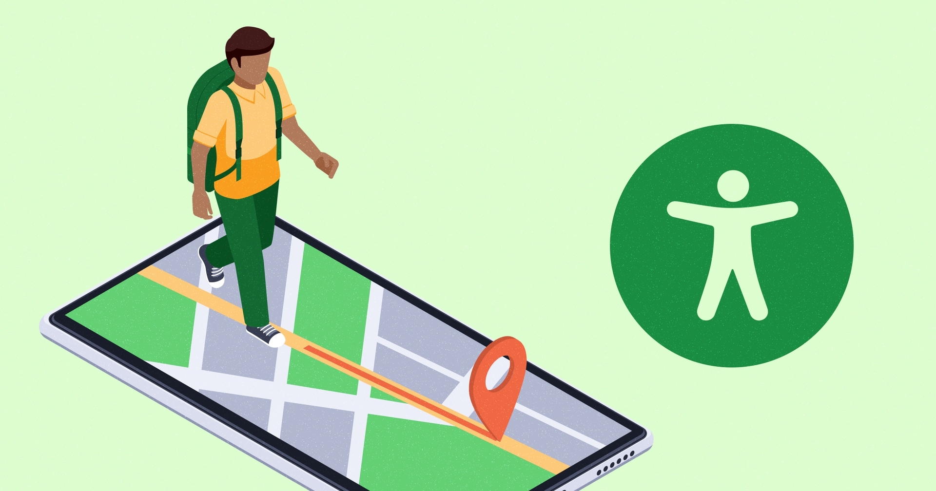 Person walking on a smartphone map with a location pin, next to an accessibility icon on a green background.
