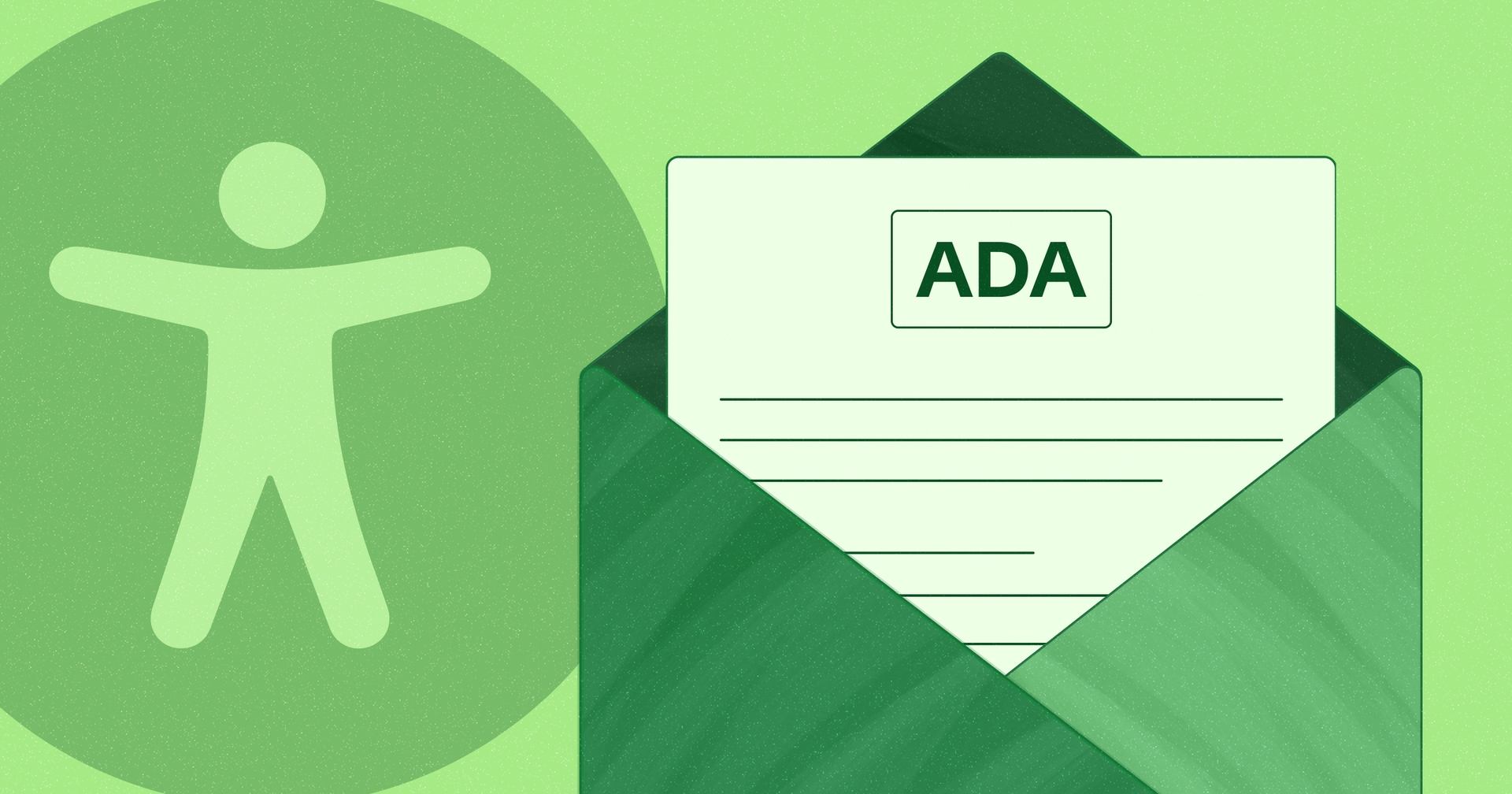 Open envelope with a letter coming out. 'ADA' is at the top of the letter. An accessibility symbol is to the left of the envelope and the image is set against a green background.