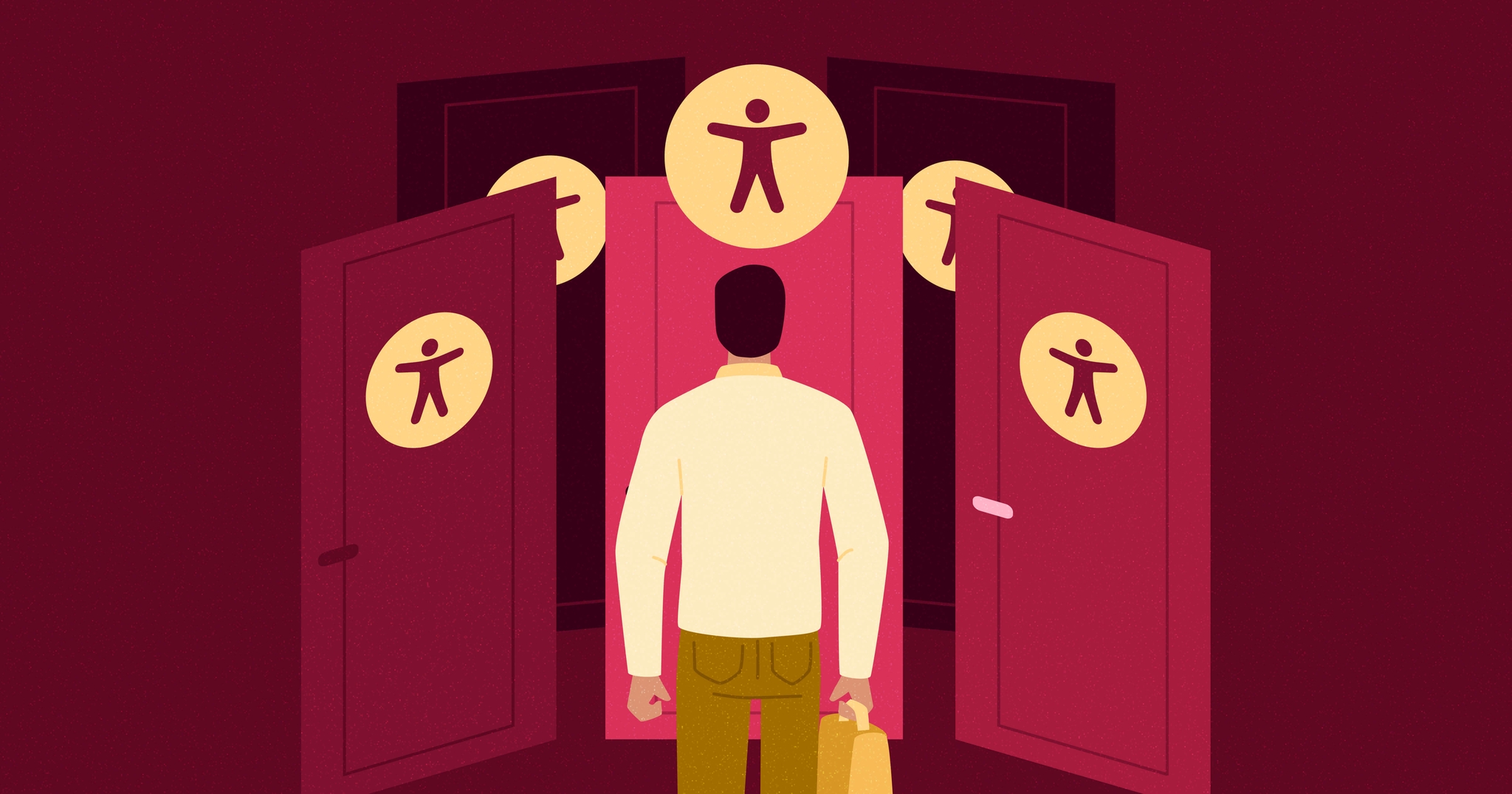 Man holding a briefcase stands before several doors with accessibility symbols on them, considering his choice.