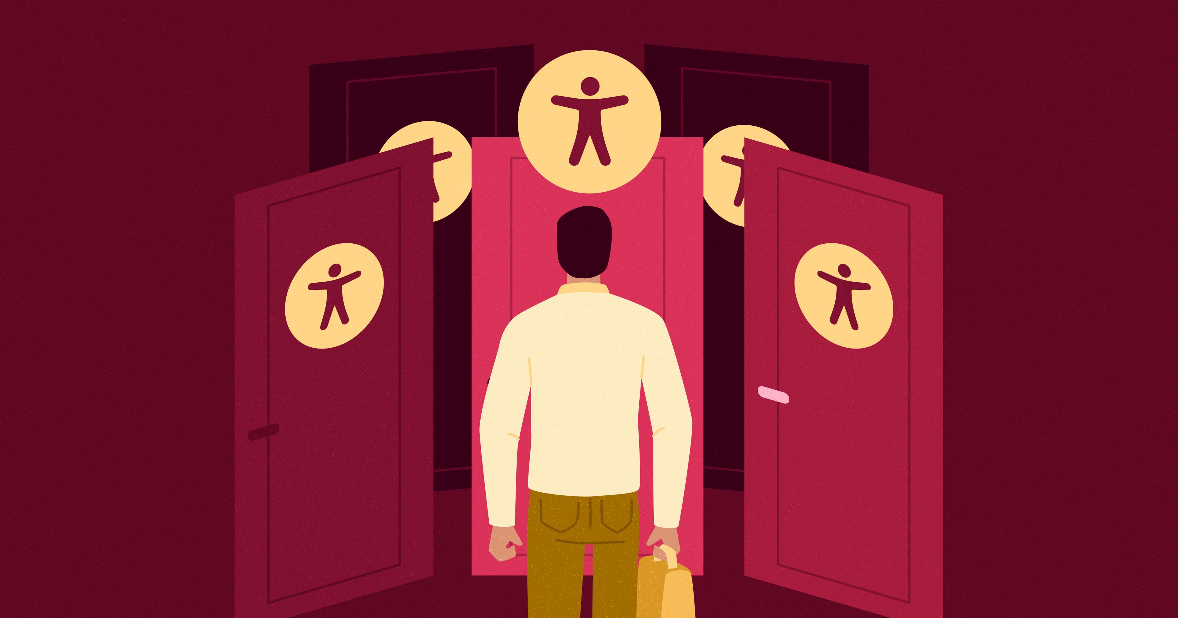 Man holding a briefcase stands before several doors with accessibility symbols on them, considering his choice.