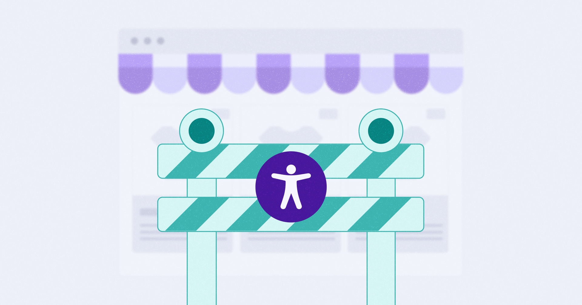 Barrier with an accessibility symbol on it in front of a stylized e-commerce web page.