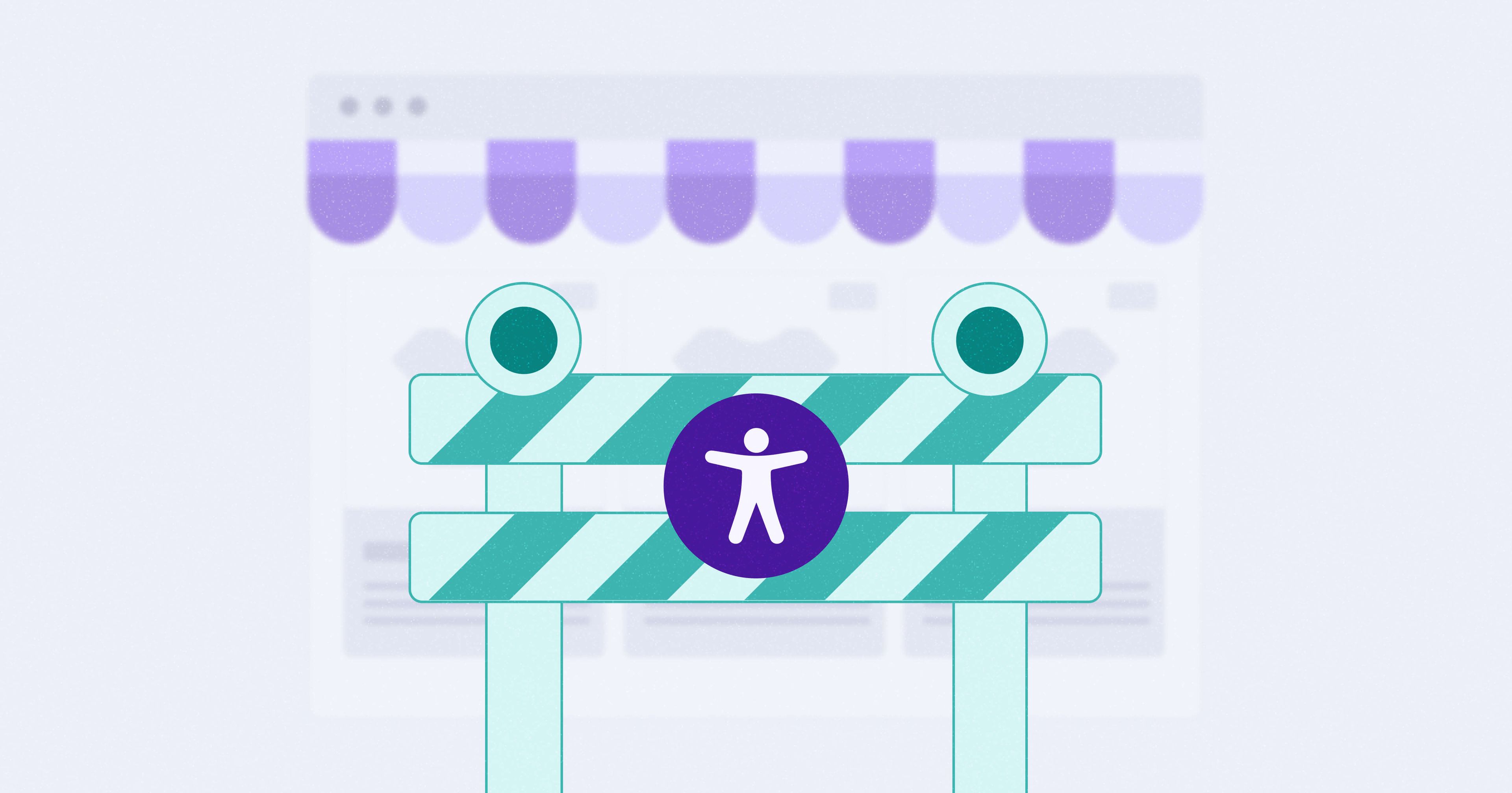 Barrier with an accessibility symbol on it in front of a stylized e-commerce web page.