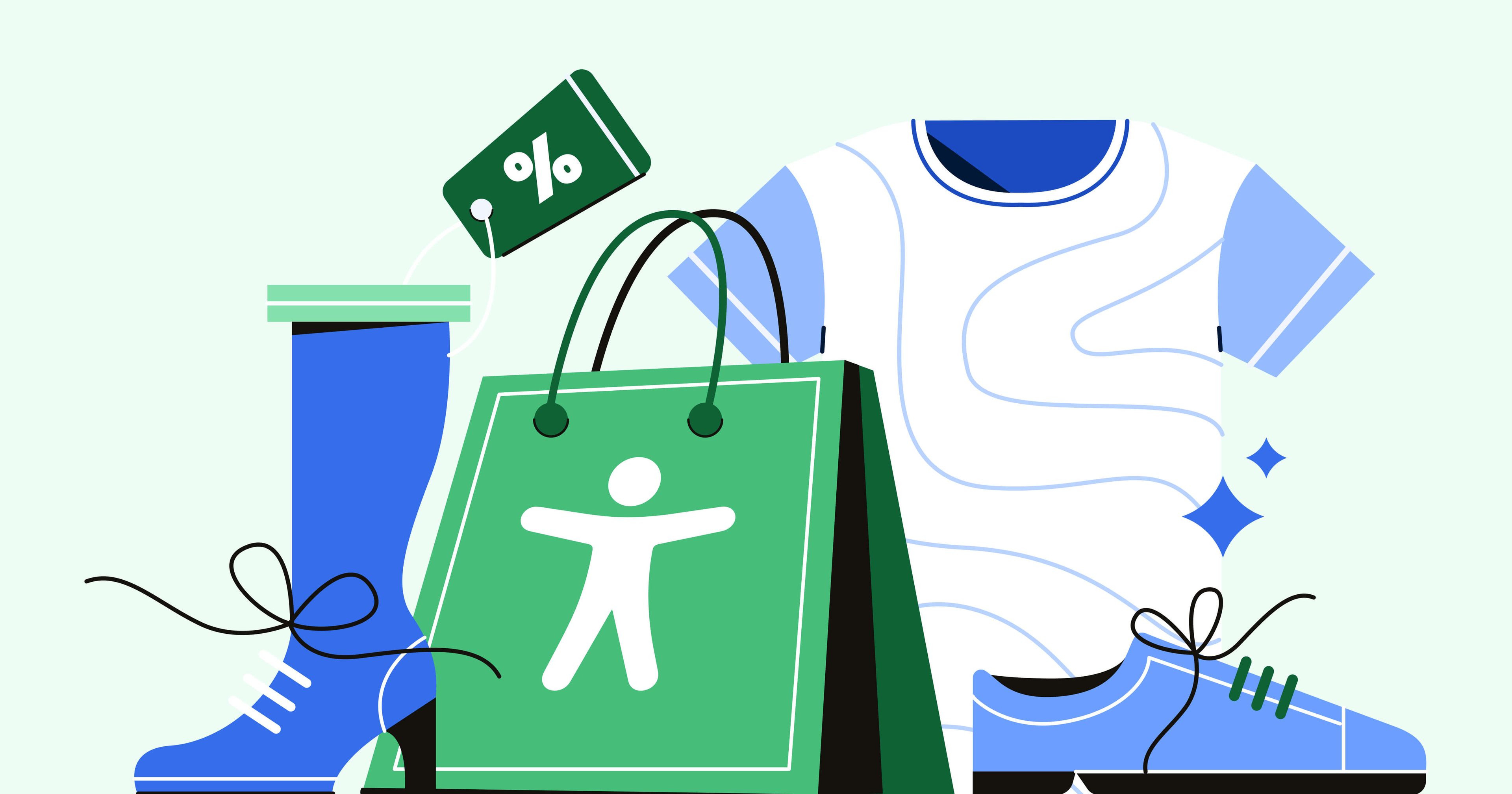 Shopping bag with an accessibility symbol on it surrounded by shoes, a price tag, and t-shirt.