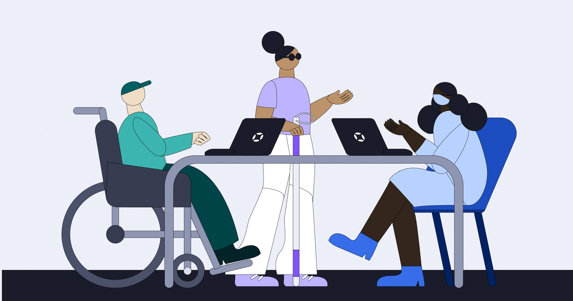 Illustration of three diverse people at a table with laptops, including a person in a wheelchair, collaborating and discussing.