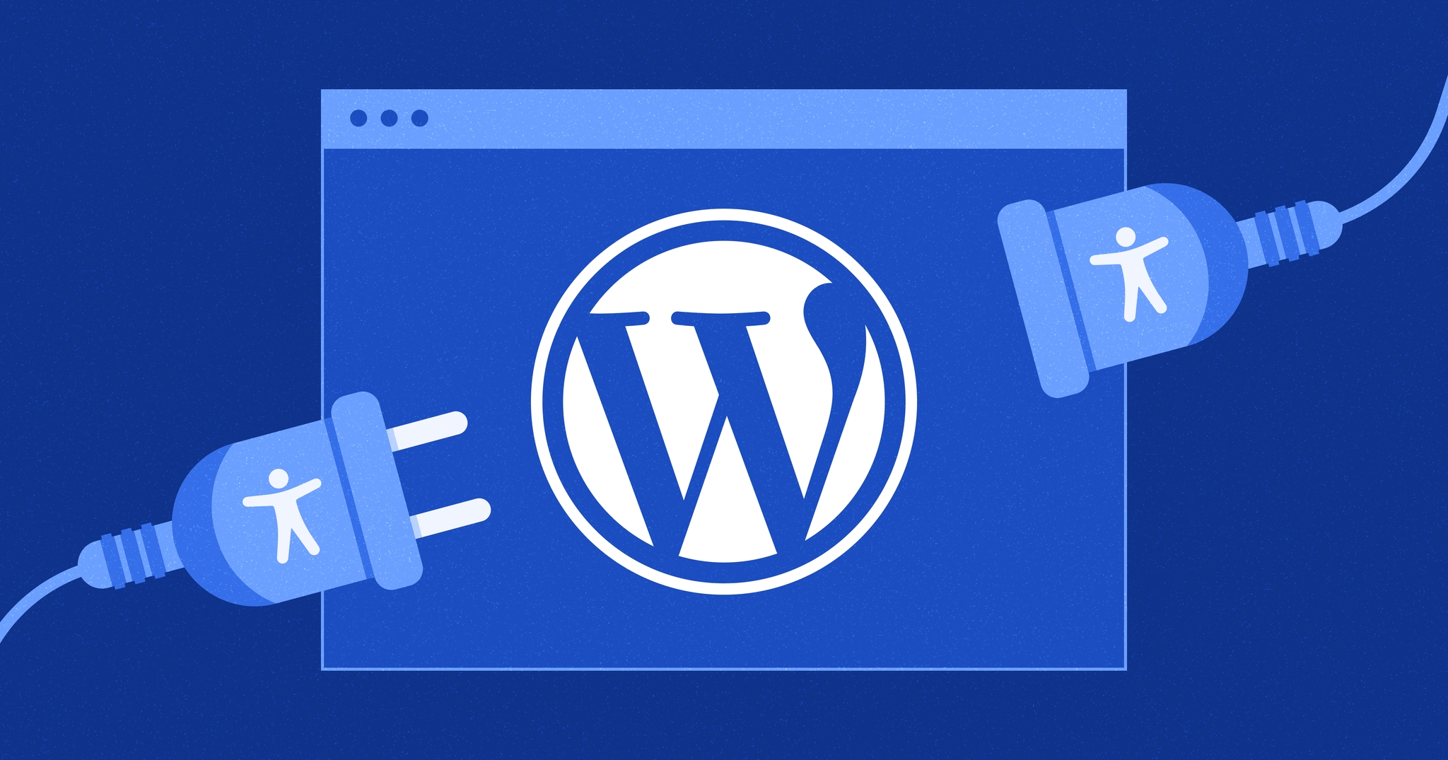 Internet browser with the WordPress logo in the middle; two plugs are on either side of the browser with the accessibility symbol on both.