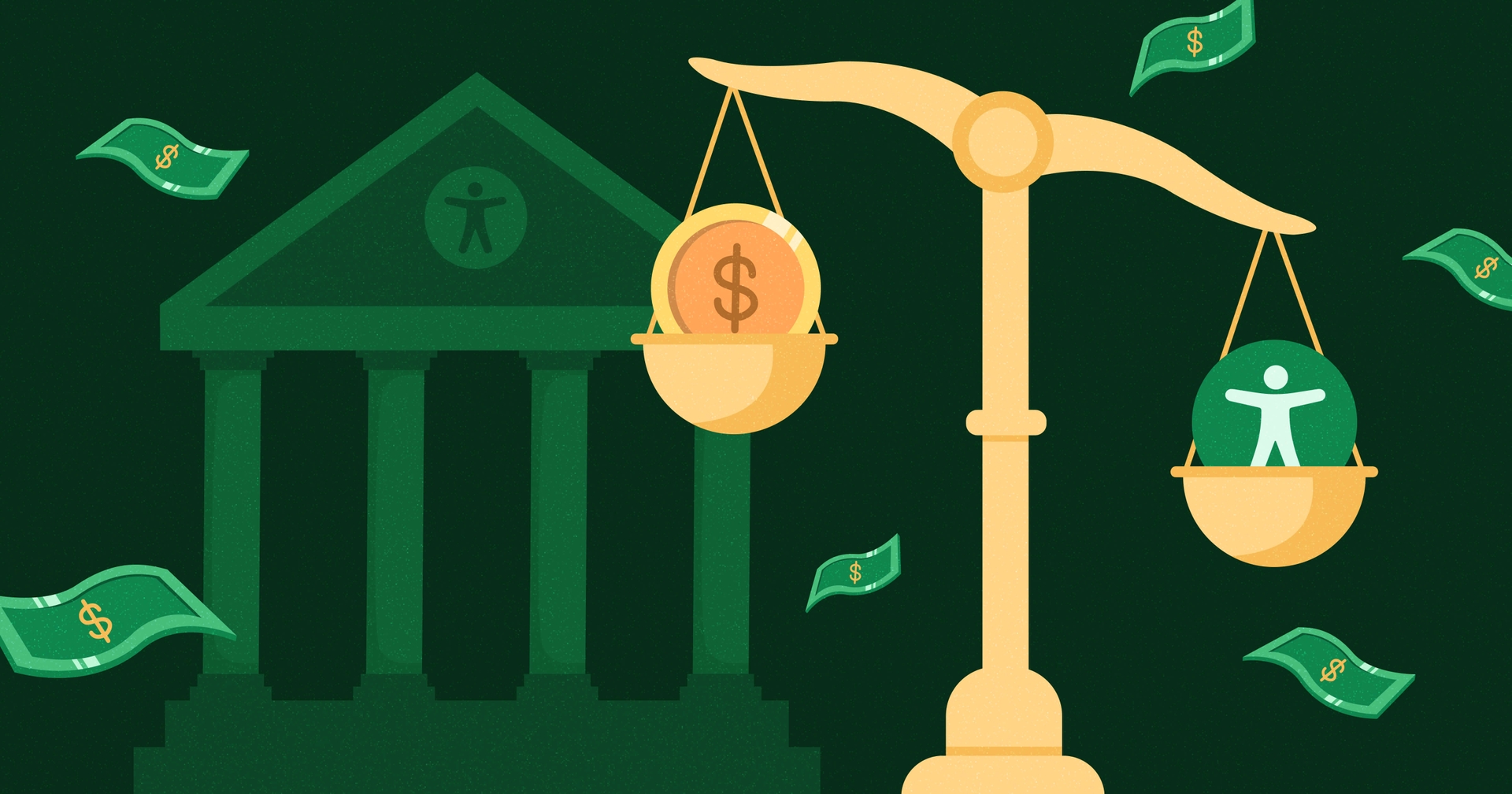 Unbalanced scale with a dollar-sign token on one side and the accessibility symbol on the other, surrounded by floating money. A government-style building with an accessibility symbol on the roof sits behind the scale.