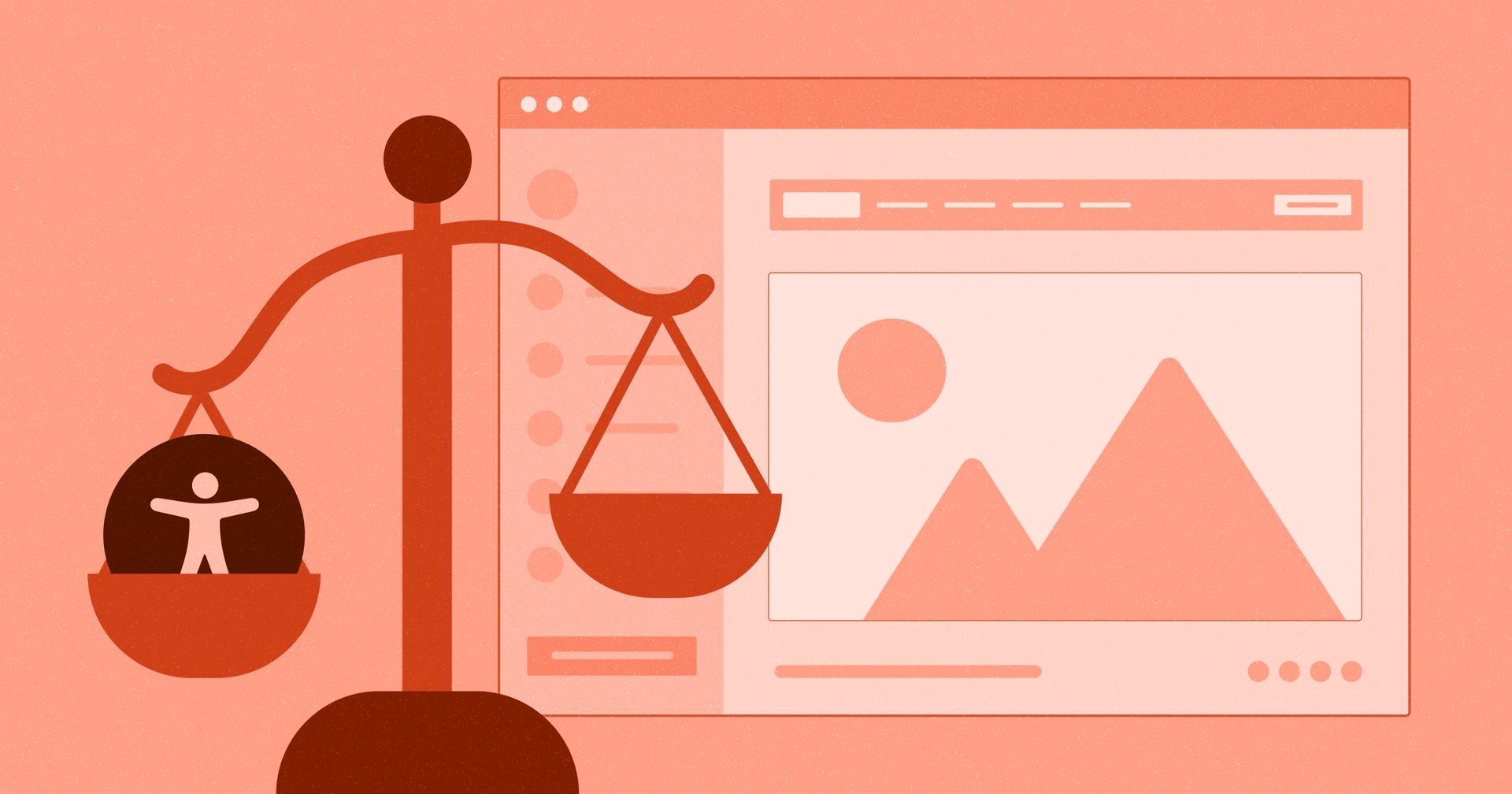 Slightly unbalanced scale in front of a stylized web browser. The heavier side of the scale is holding the accessibility symbol.