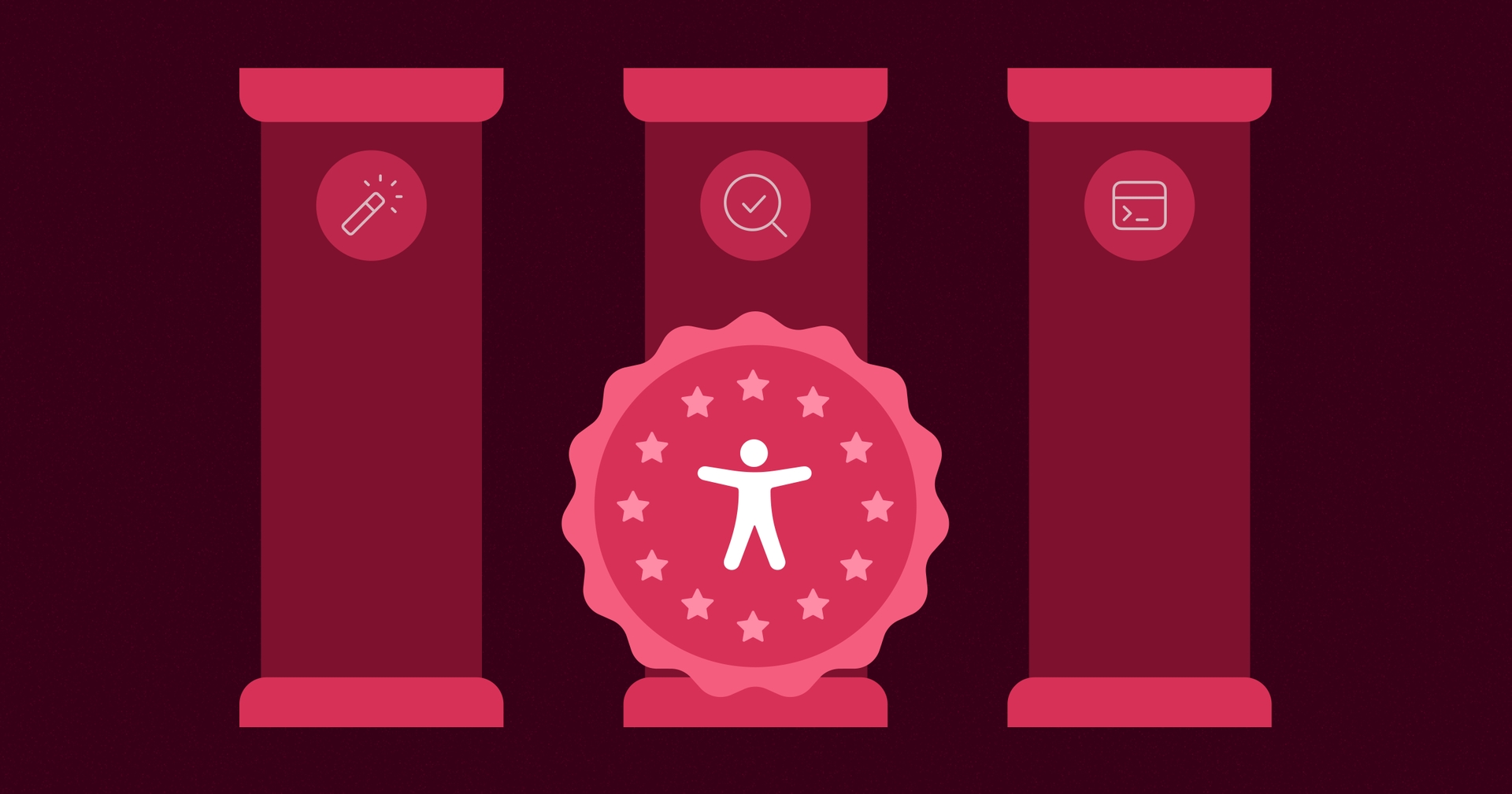 Three red pillars with icons for automation, expert testing, and developer tools, surround an accessibility symbol on a circular badge with stars.