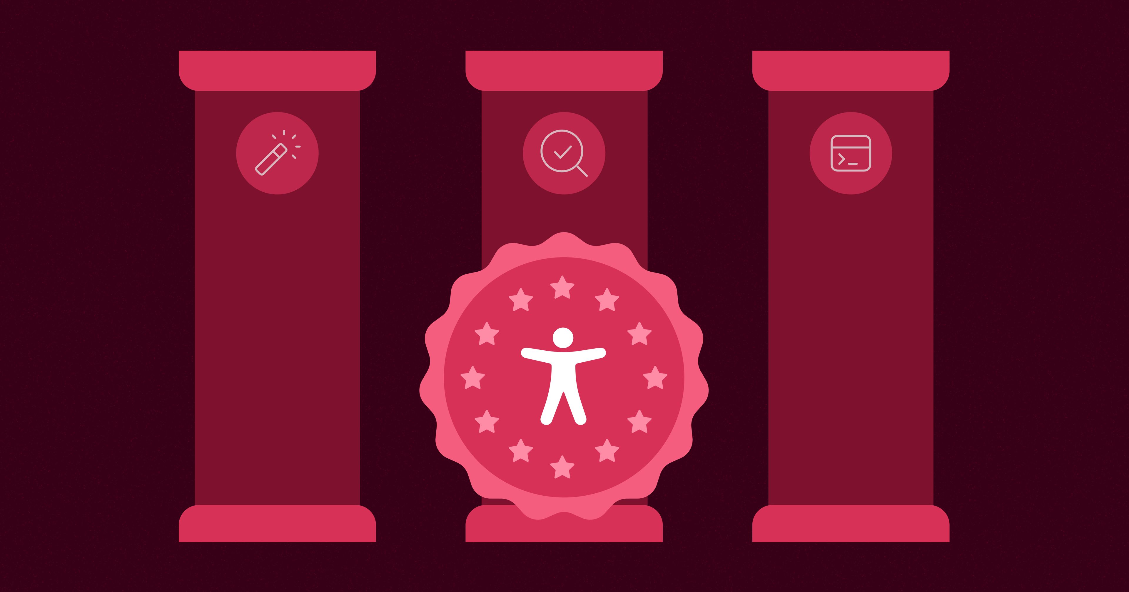 Three red pillars with icons for automation, expert testing, and developer tools, surround an accessibility symbol on a circular badge with stars.