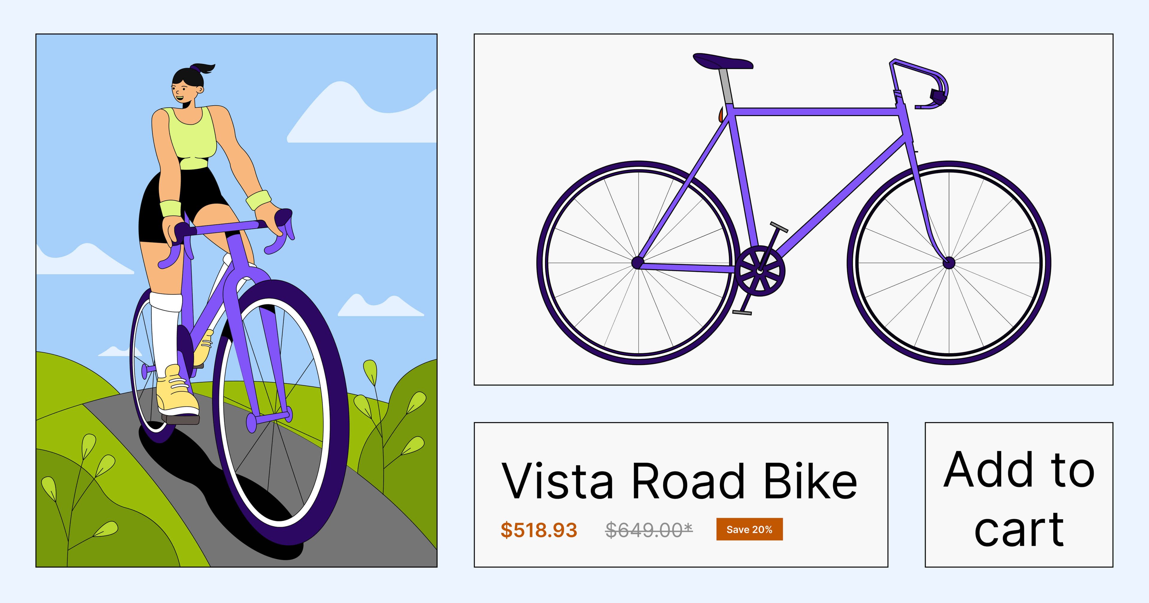 Woman cycling on a purple bike, alongside a product image of a bike and a price label reading "Vista Road Bike $518.93."