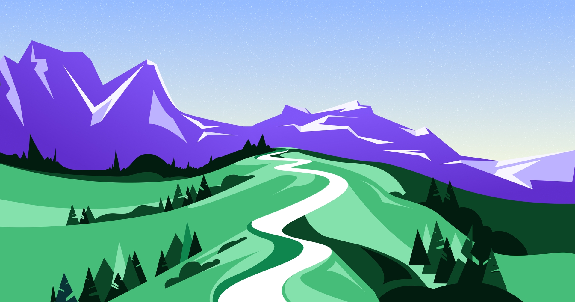 Illustration of a winding path through green hills, leading to purple mountains under a clear blue sky.