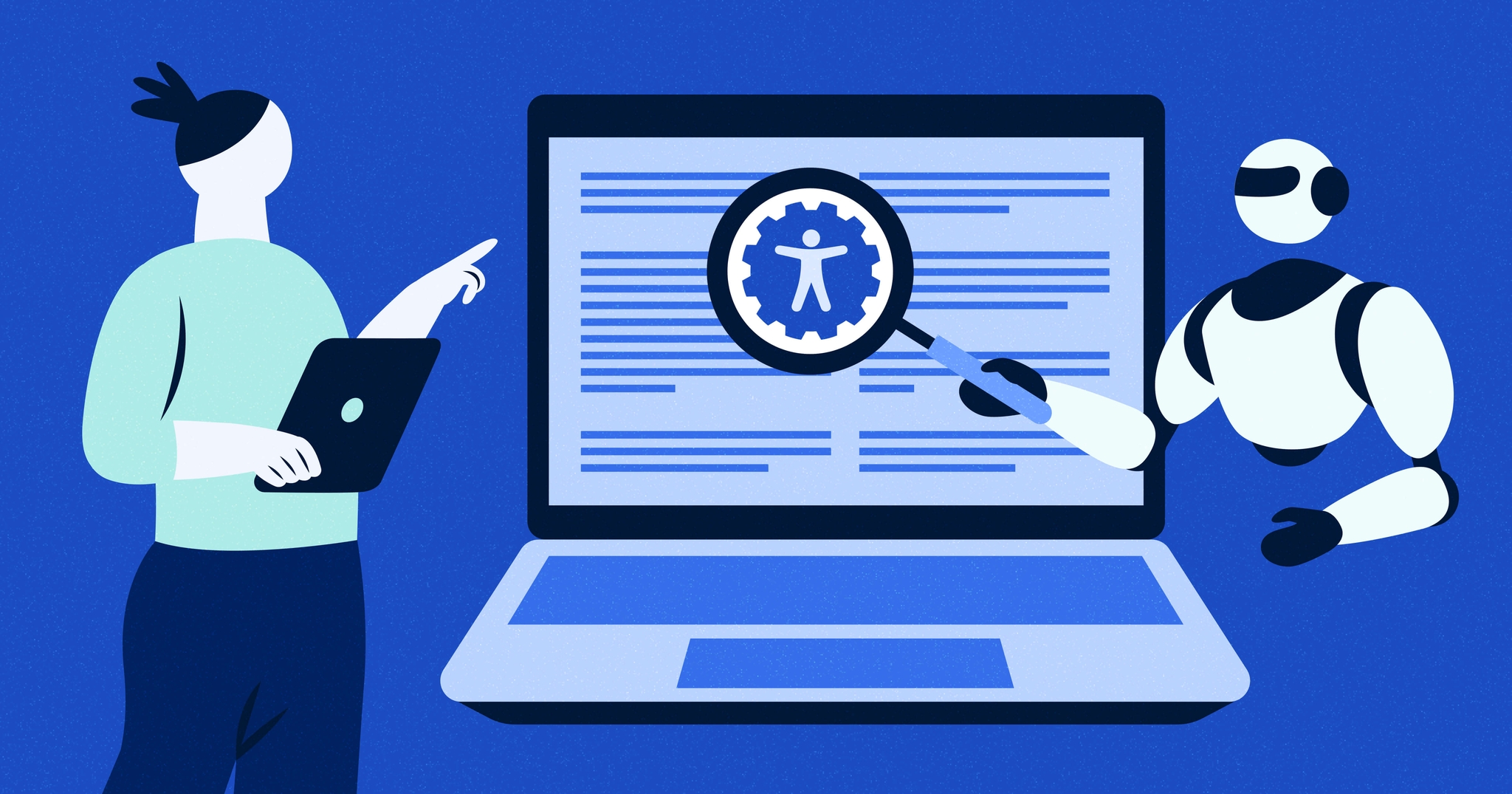 Open laptop with a stylized web browser; a robot is holding a magnifying glass over an accessibility symbol on the screen. A woman holding a tablet is standing next to the laptop and pointing to it.