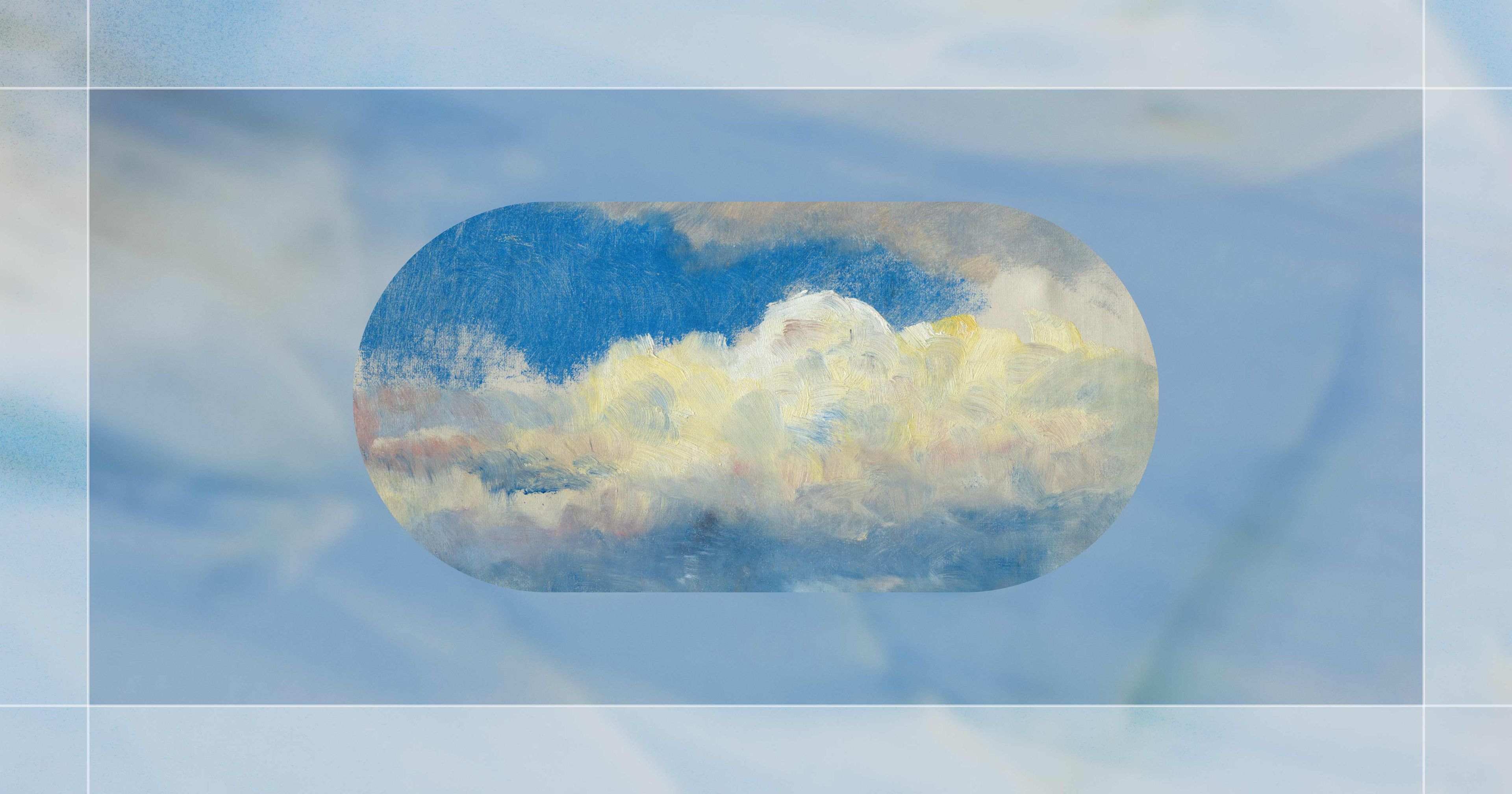An abstract painting of a cloudy sky with various shades of blue and yellow, set within a rounded rectangular frame against a soft blue background.