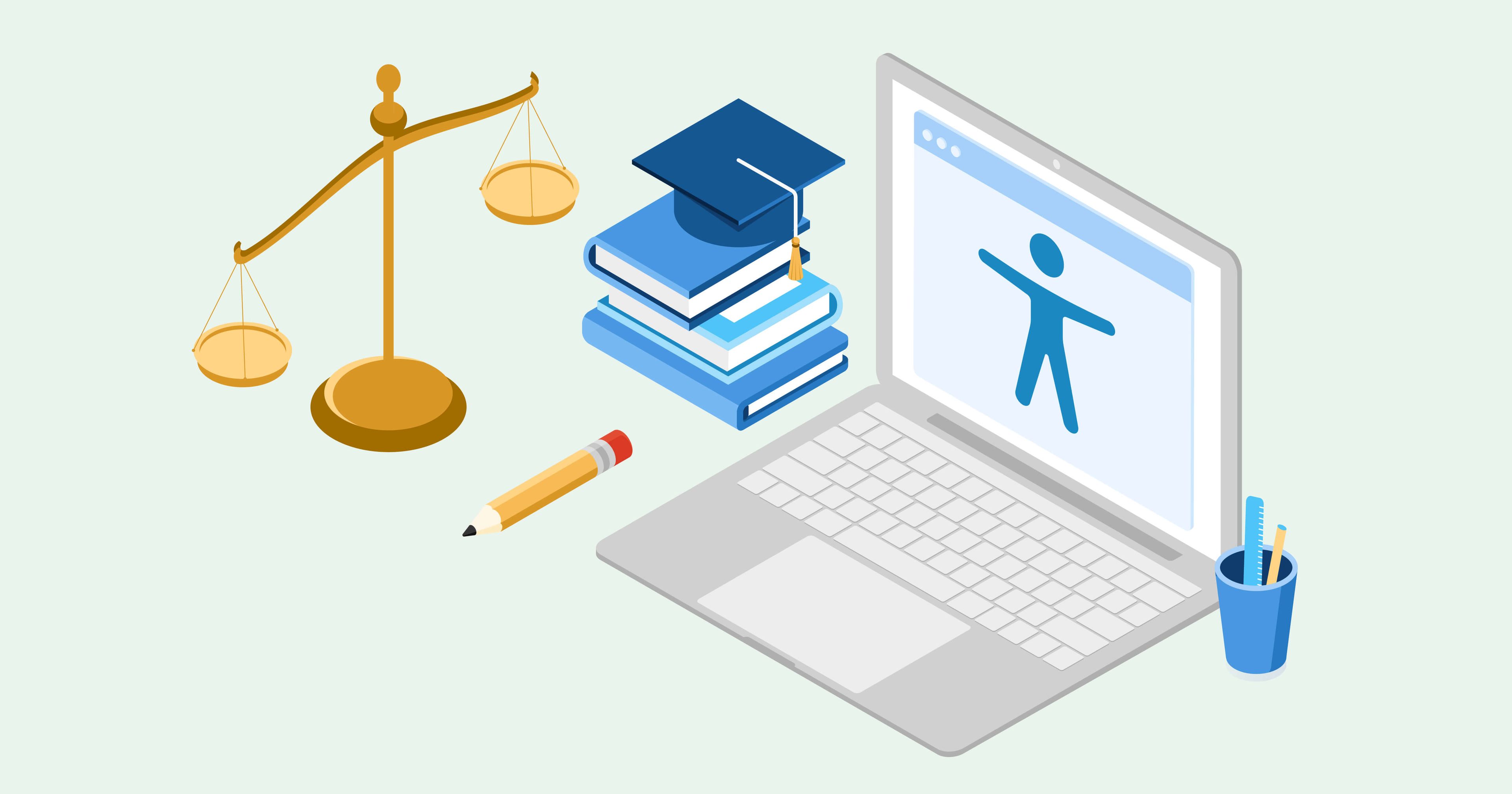 Open laptop with accessibility symbol sitting next to a balanced scale and a stack of books.