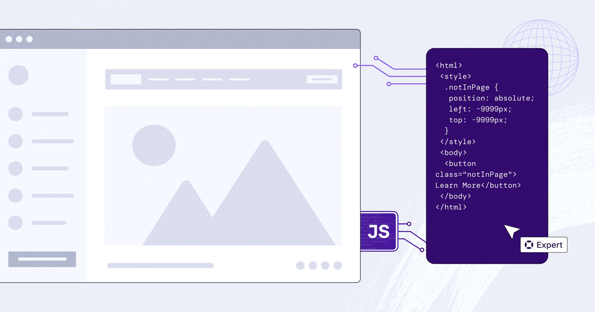 Stylized web browser with a pop-out box on the right side showing various code snippets. A cursor reading 'Expert" with the AudioEye logo is hovering over the pop-up.