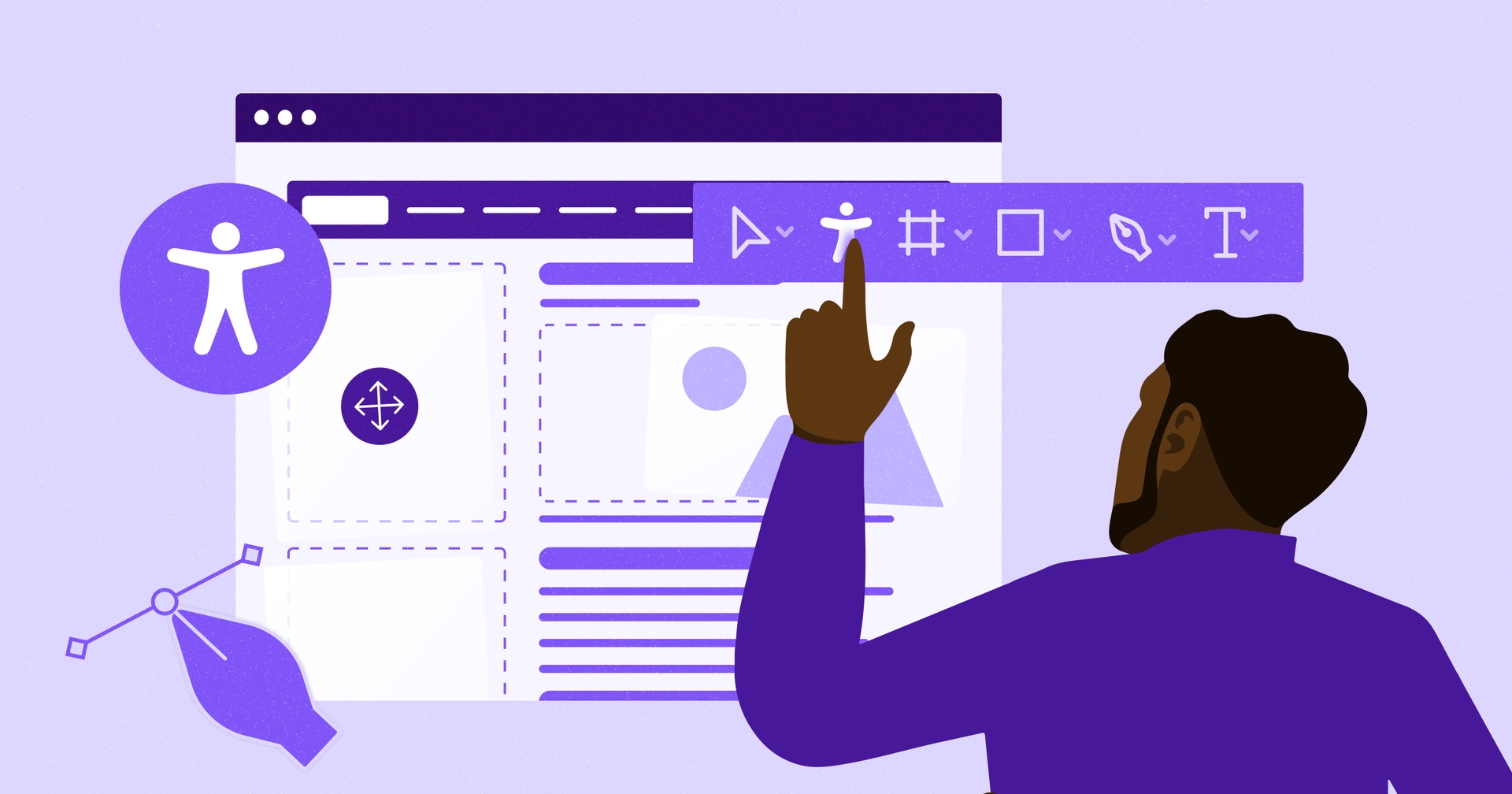 Illustration of a person interacting with a web accessibility toolbar on a computer screen, featuring various icons and tools.