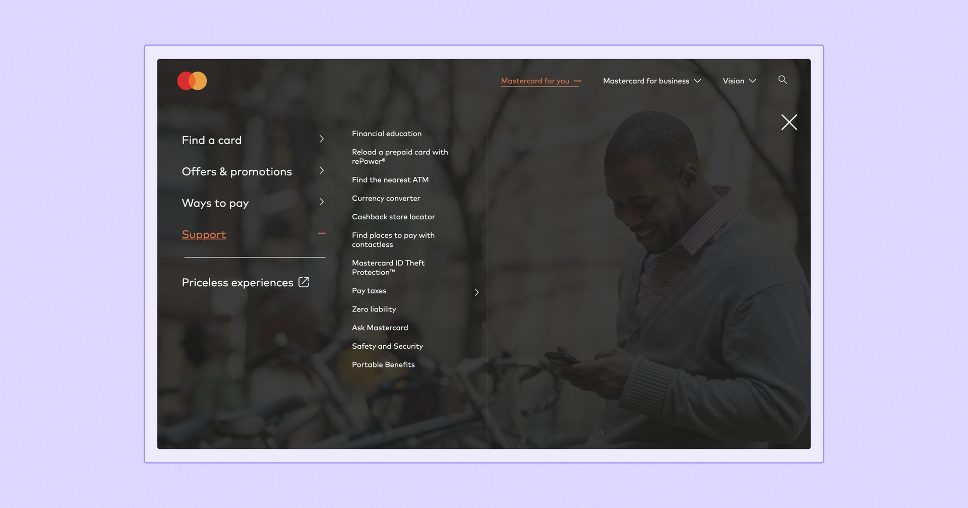 Screenshot of Mastercard's main navigation menu with the 'Support' tab open.
