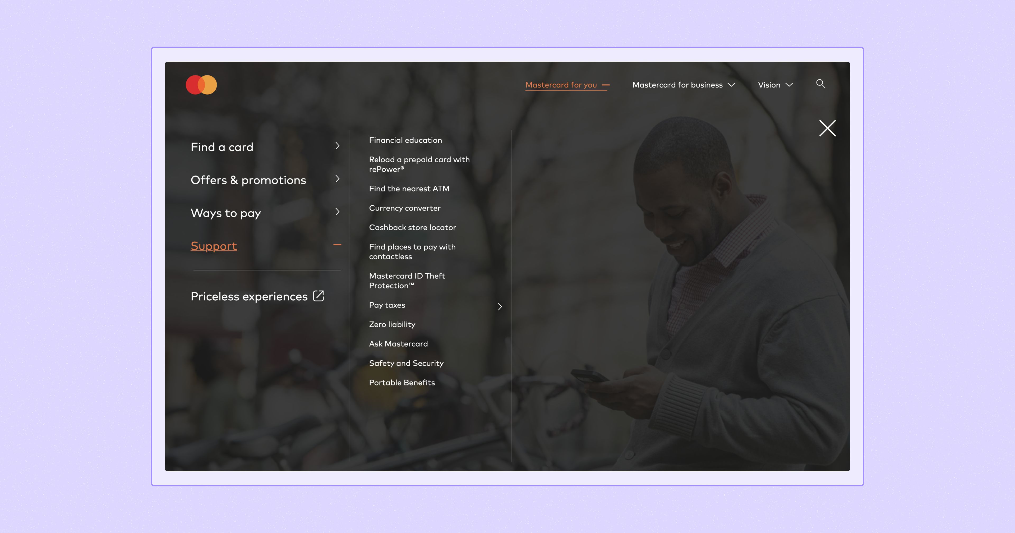 Screenshot of Mastercard's main navigation menu with the 'Support' tab open.