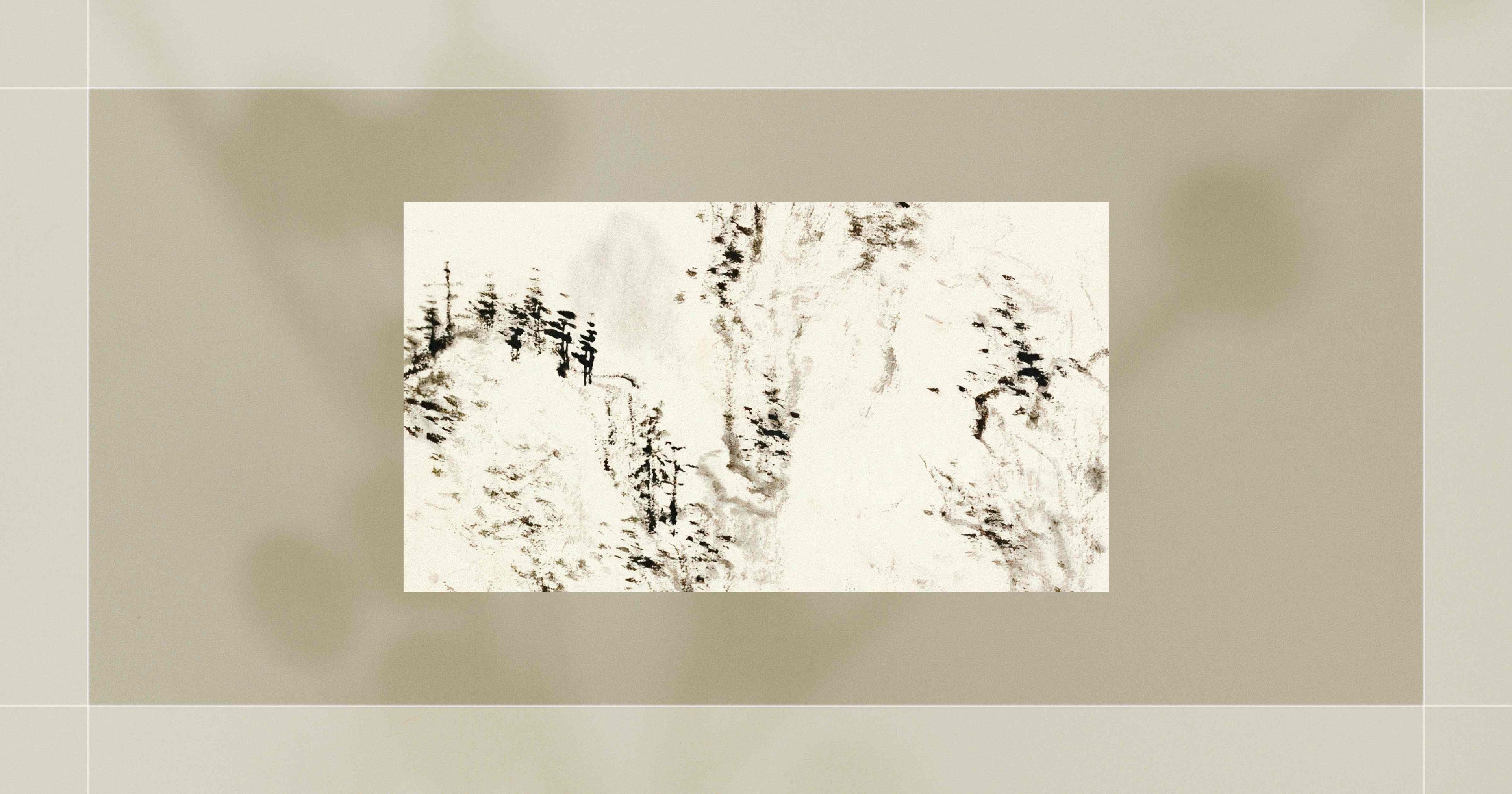 Abstract ink wash on a light background, depicting trees and textured nature elements.