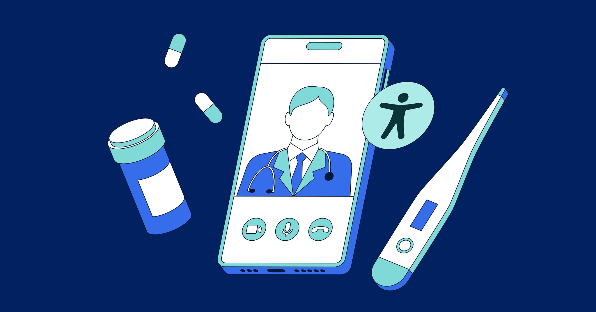 Smartphone with doctor image, pills, prescription bottle, thermometer, and accessibility icon against a dark blue background.