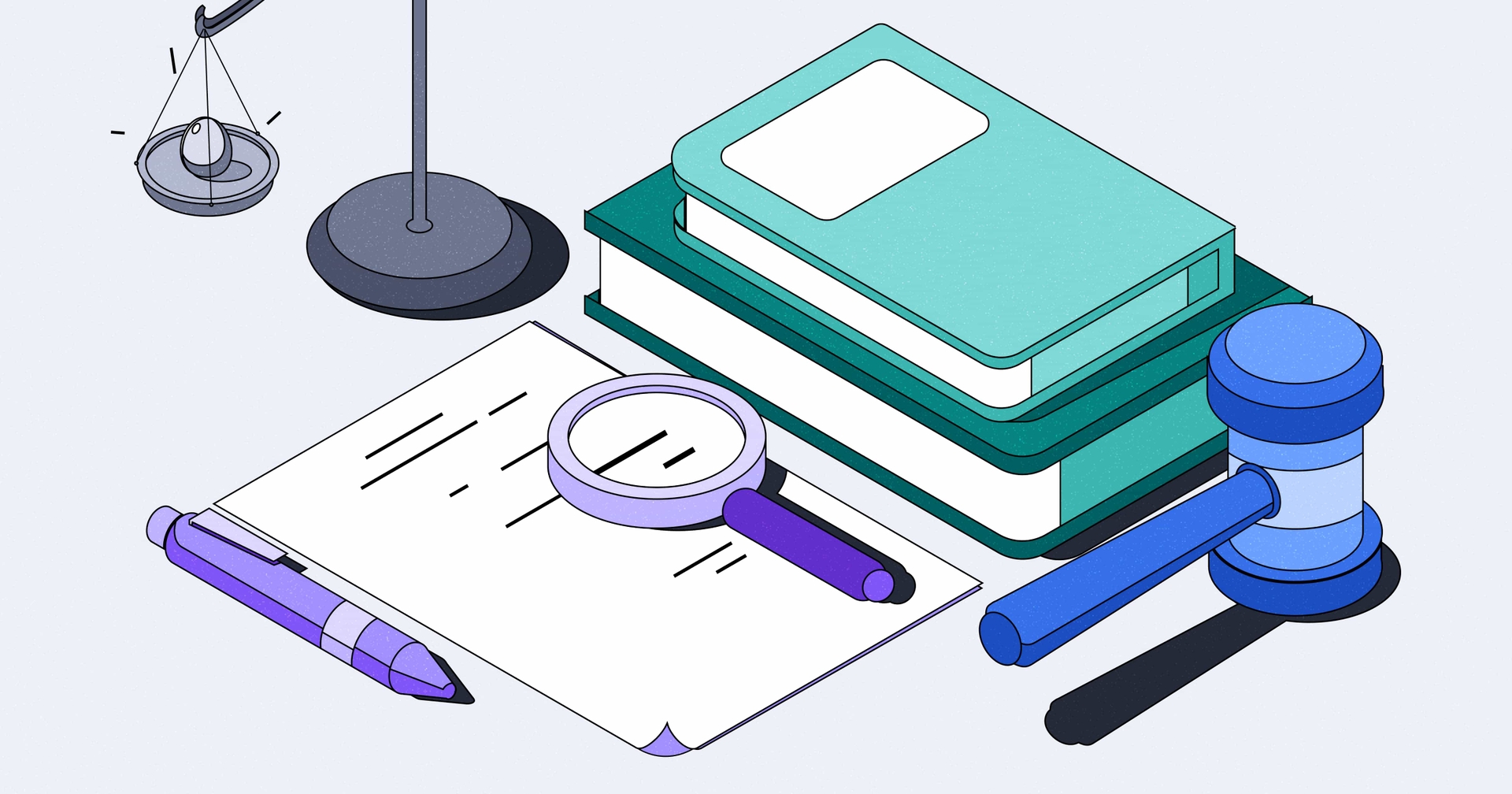 Illustration of legal items: scales, books, gavel, magnifying glass on paper, and a pen, symbolizing justice and law.