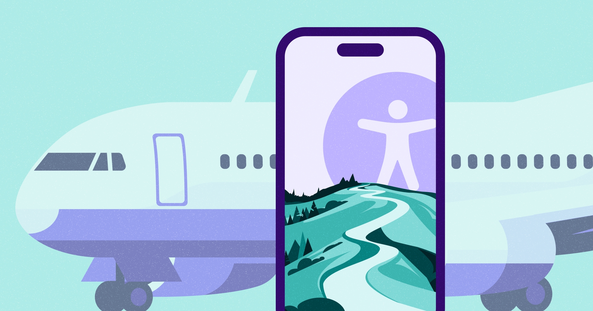 Illustration of an airplane in the background with a smartphone in the foreground displaying a travel path and an accessibility icon, symbolizing accessible travel planning.