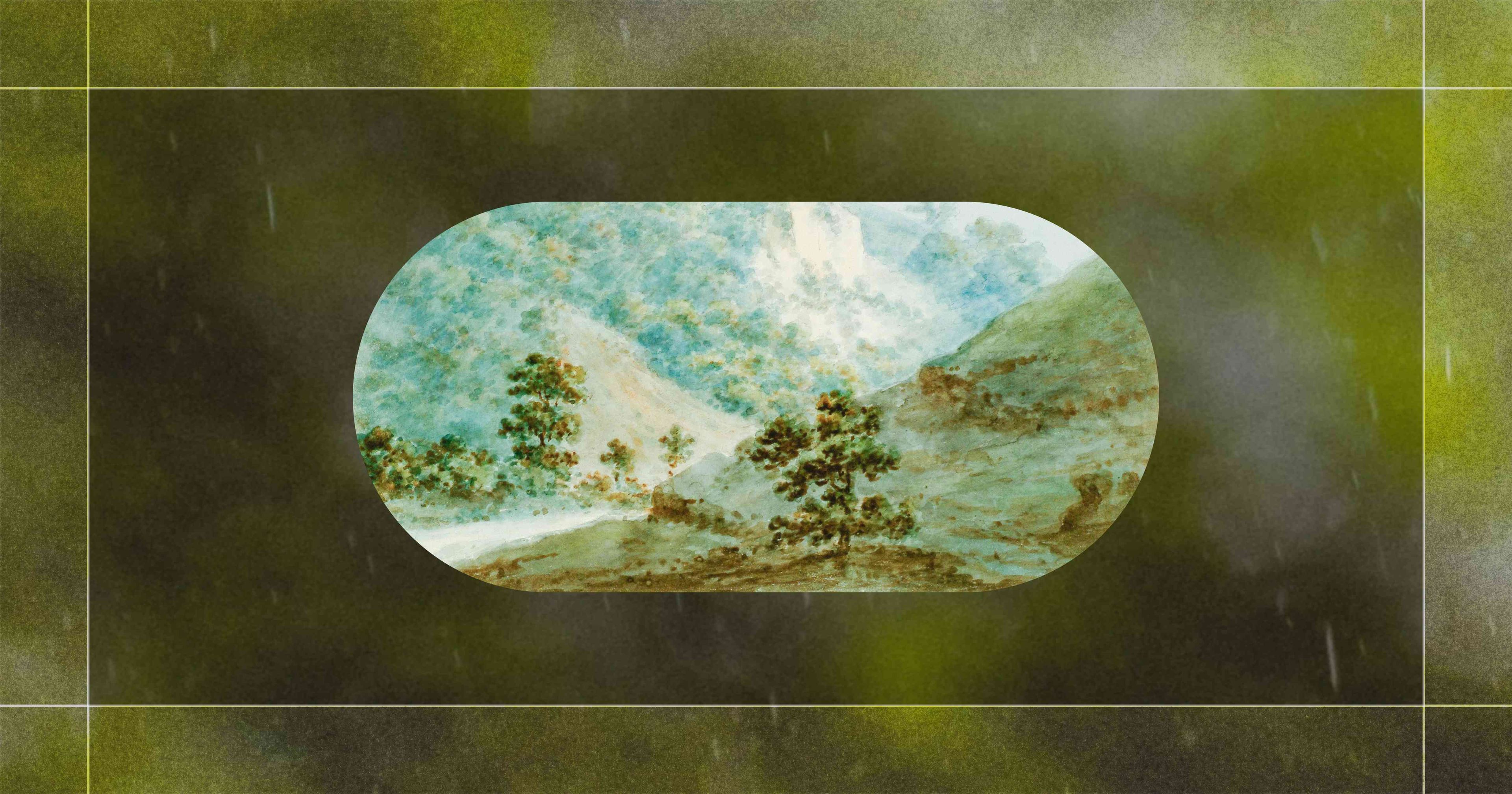 A watercolor-style landscape painting of mountains and trees is displayed inside an oval frame against a green textured background.