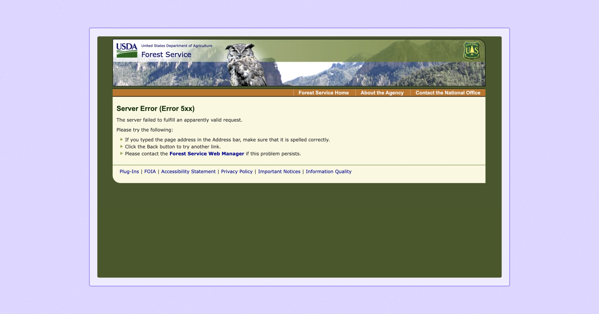 Screenshot of an error message on the U.S. Forest Service website.
