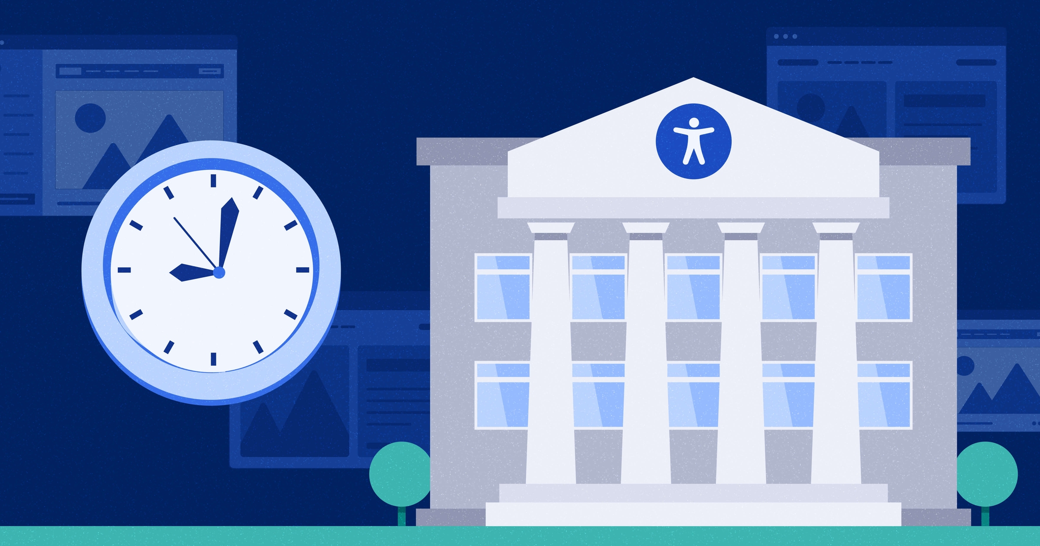 Illustration of a courthouse with an accessibility symbol, large clock, and web pages in the background.