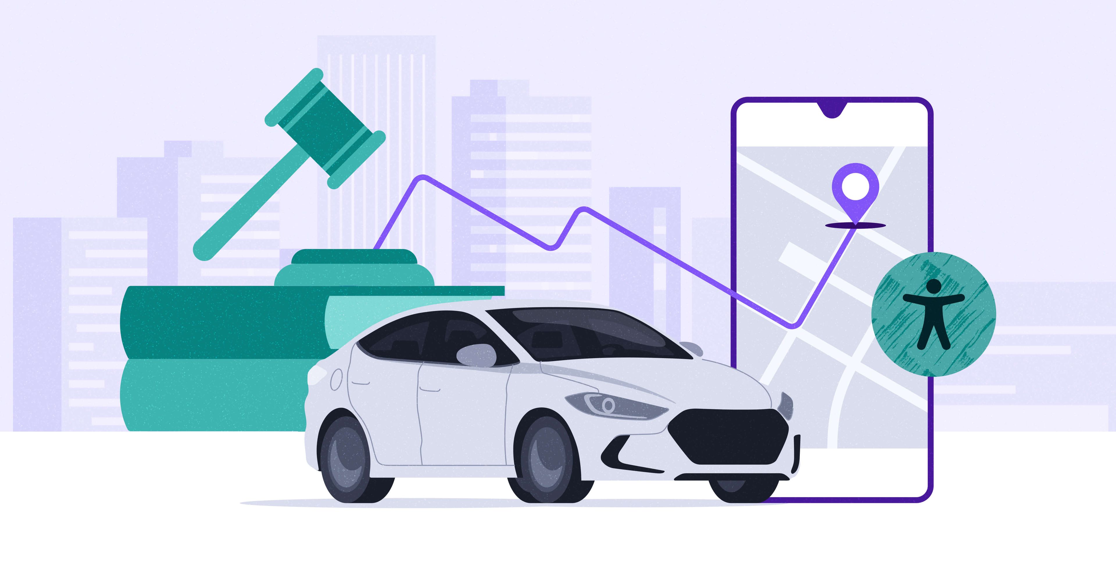 A white car is in the middle front. Behind it is a cell phone displaying a purple rideshare route on a gray map. The route leads to a large green judge's gavel behind the car.  There is a green accessibility icon in front of the phone and car.