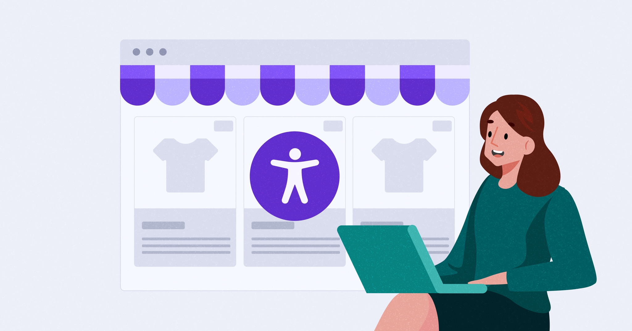 Business woman with a laptop sitting in front of a stylized e-commerce browser with an accessibility symbol in the middle.