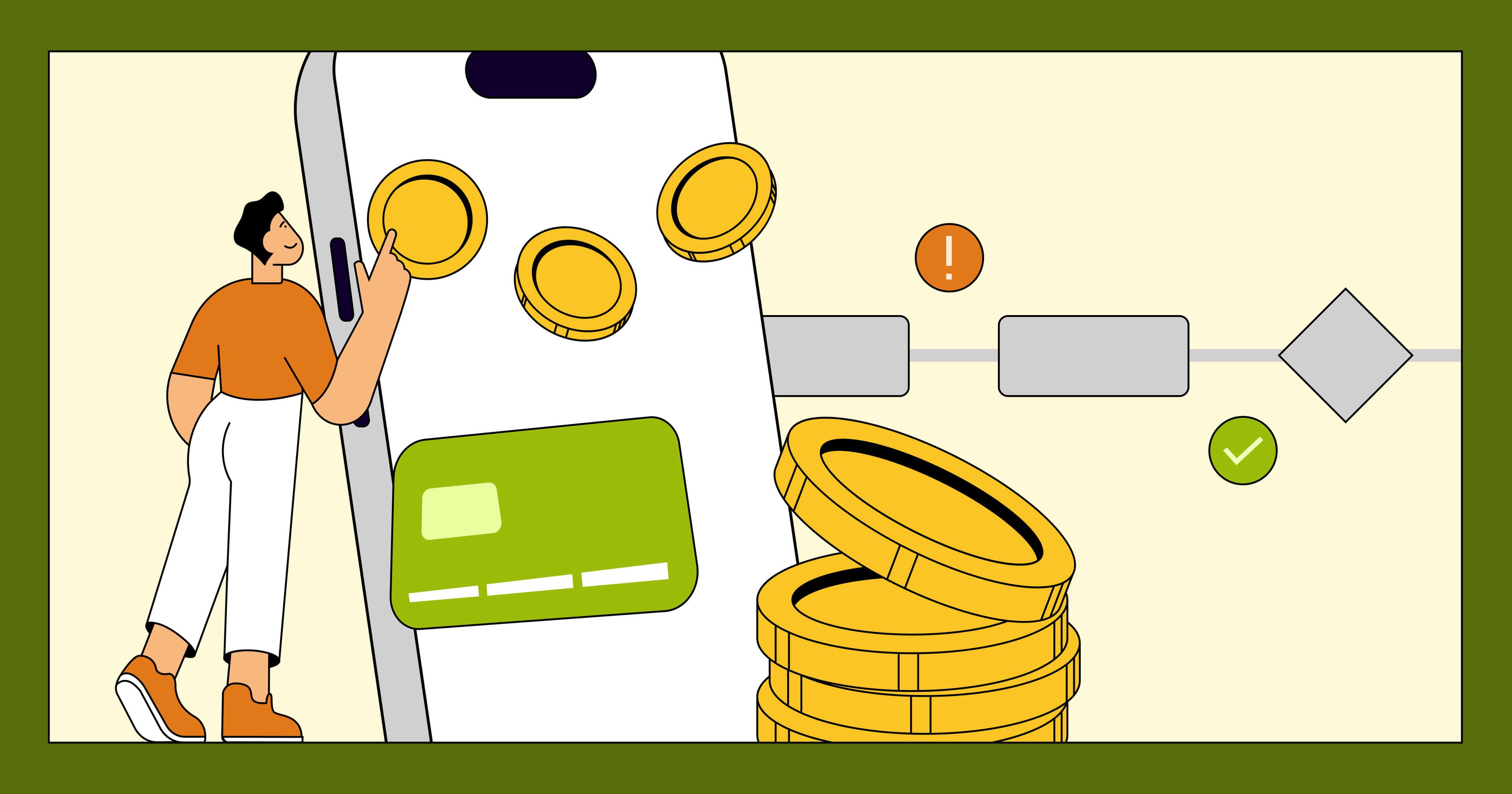 Payment terminal with a credit card and coins around it; a man is leaning against the terminal and inserting a coin.