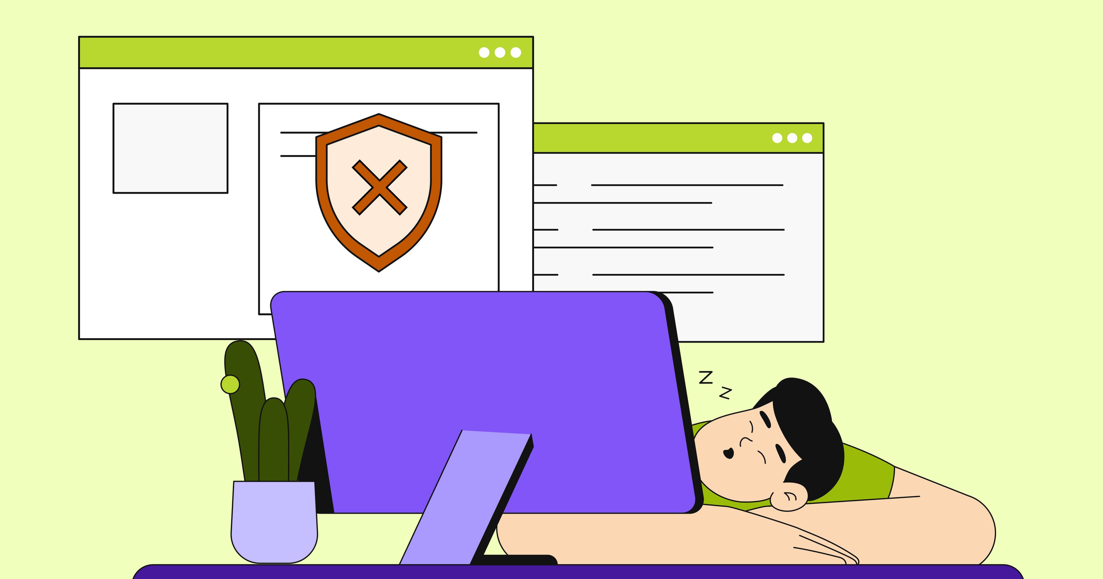 Man sleeping at a desk next to a computer with a stylized web browser showing a large error message above it.