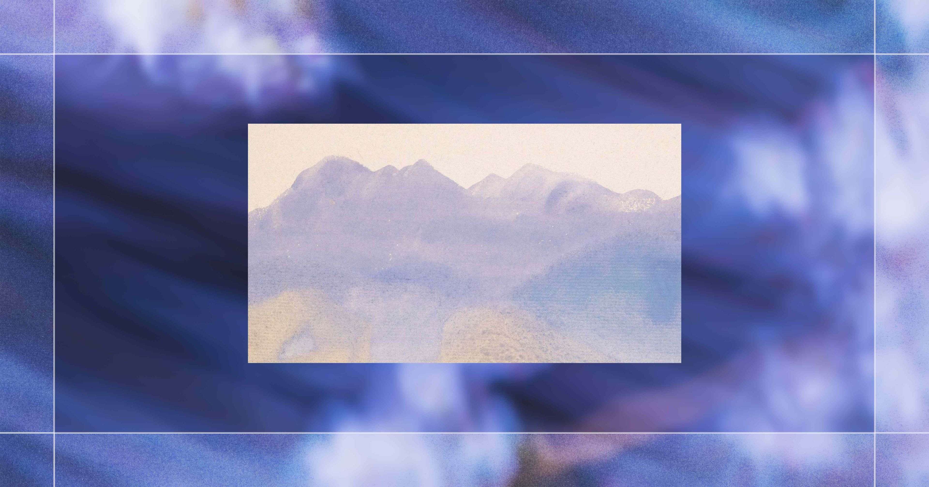 A watercolor painting of a mountain range in soft, muted tones, surrounded by a blue and purple blurred abstract border.