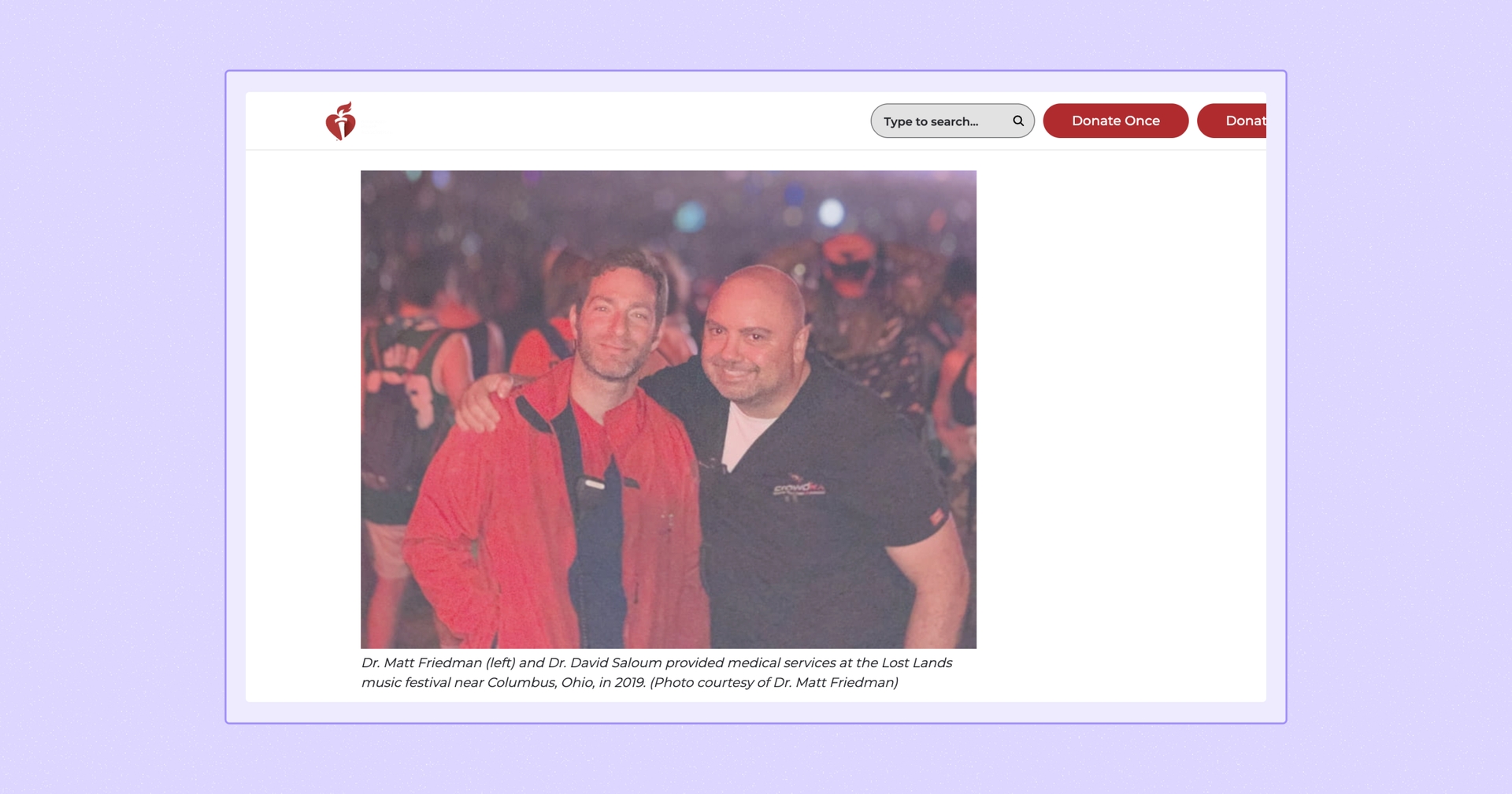 Screenshot of an image pictured on the American Heart Association website. The image is of two men, one with his arm around the other, in a crowd of people.