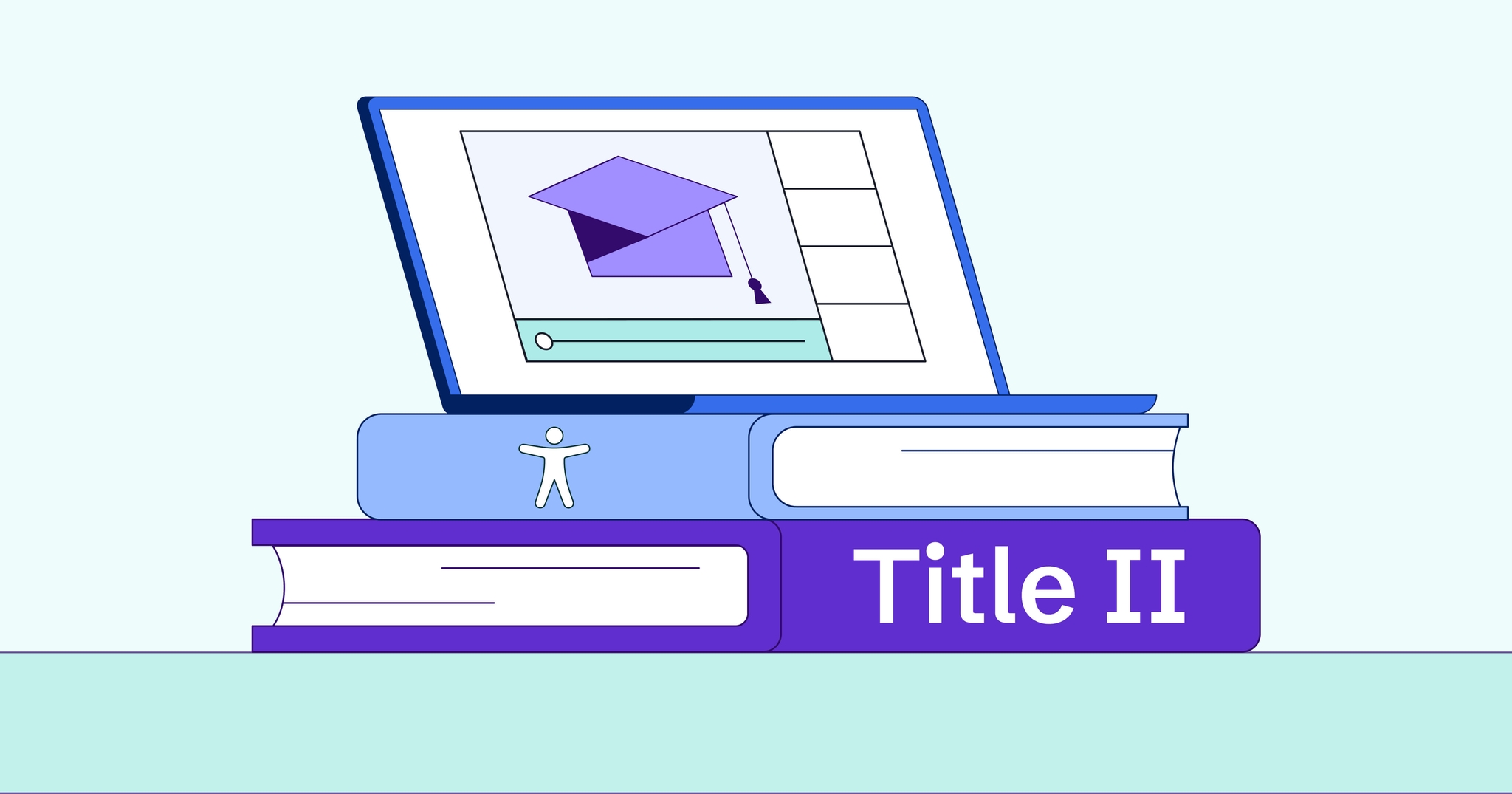 Open laptop on top of stacked books, one reading 'Title III' and the other showing the accessibility symbol. The laptop screen shows a graduation cap on a stylized video player.