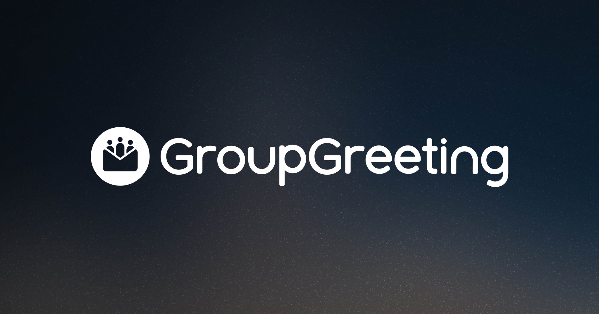 Logo of GroupGreeting with a white icon of people in an envelope beside the text, on a dark gradient background.