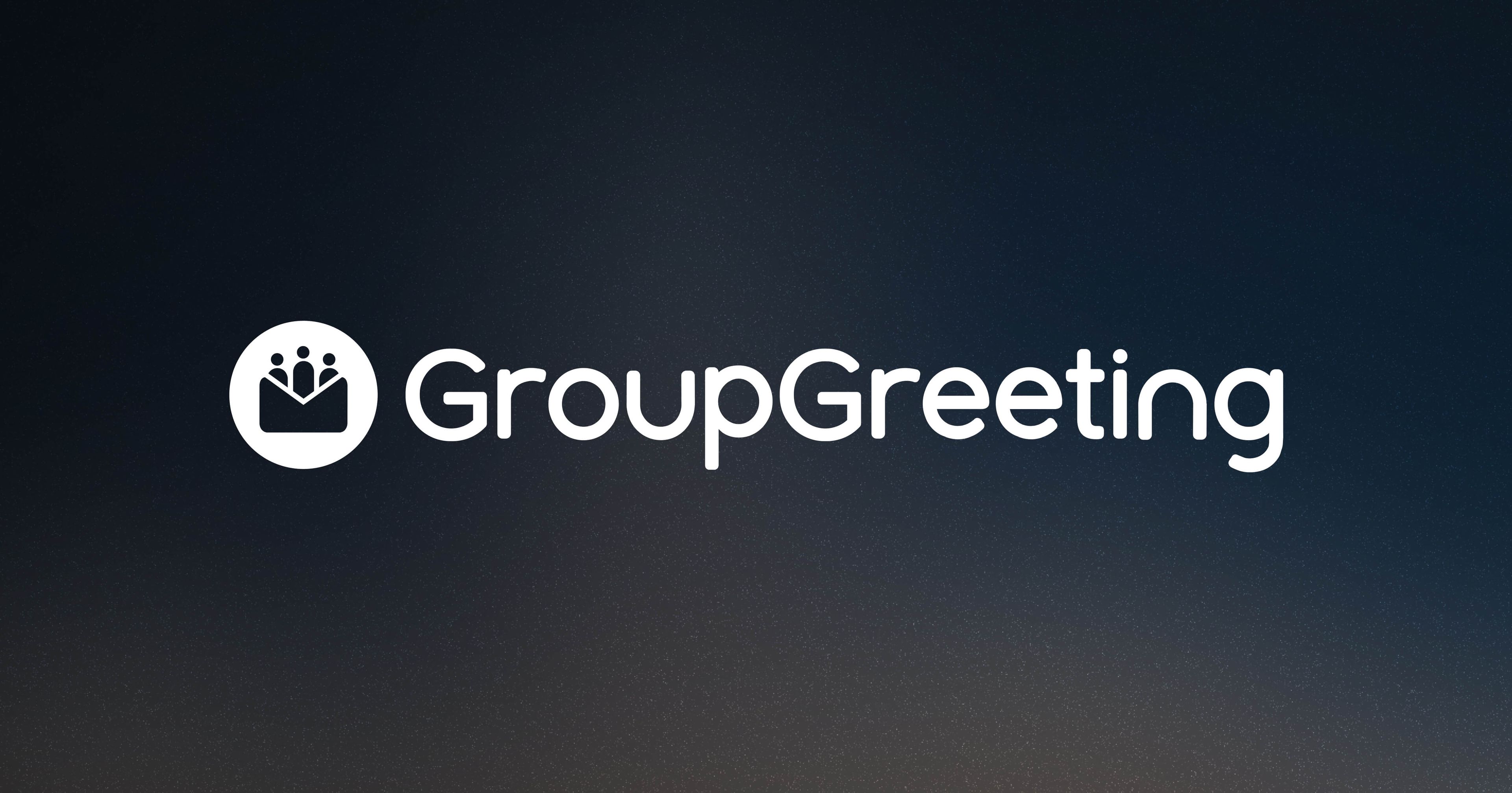 Logo of GroupGreeting with a white icon of people in an envelope beside the text, on a dark gradient background.